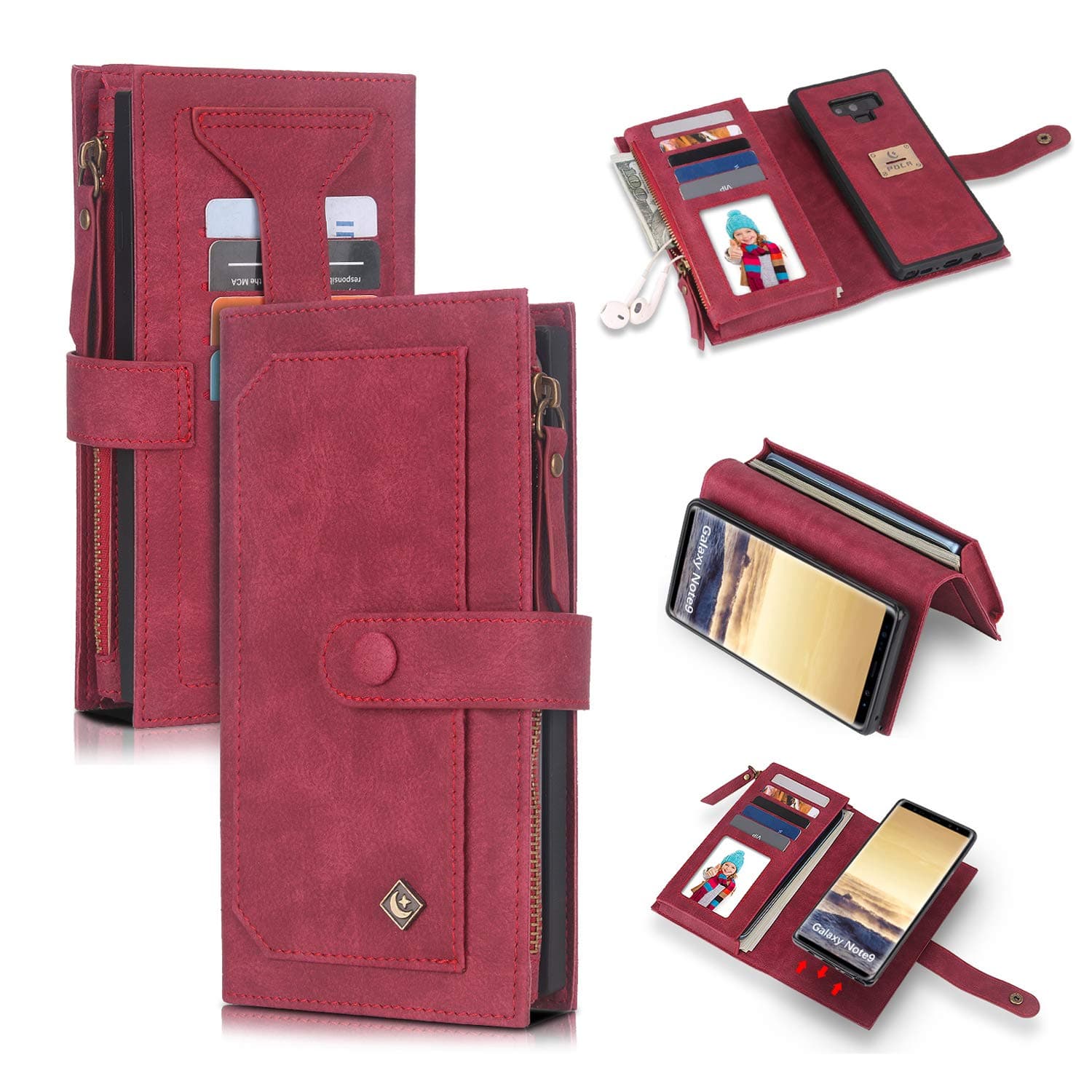 SXTBMR Galaxy Note 9 Flip Wallet Case, Leather Wallet Case Cover with ID+Card Holder Slot and Zipper Wallet Designed Detachable Magnetic Phone Case for Samsung Galaxy Note 9 2018 Phone (Red)