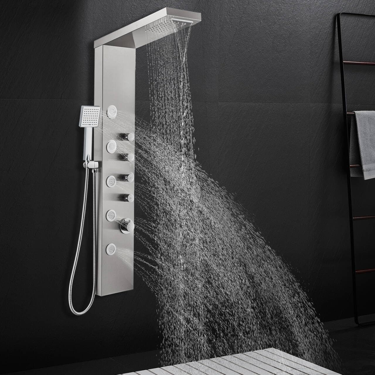 ROVATE Rainfall Waterfall Shower Tower Panel System, 304 Stainless Steel Bathroom Shower Panel Tower with 5 Body Sprays and 3 Sets Handheld Shower, Shower Column Wall Mount, Delicate Brushed Finish