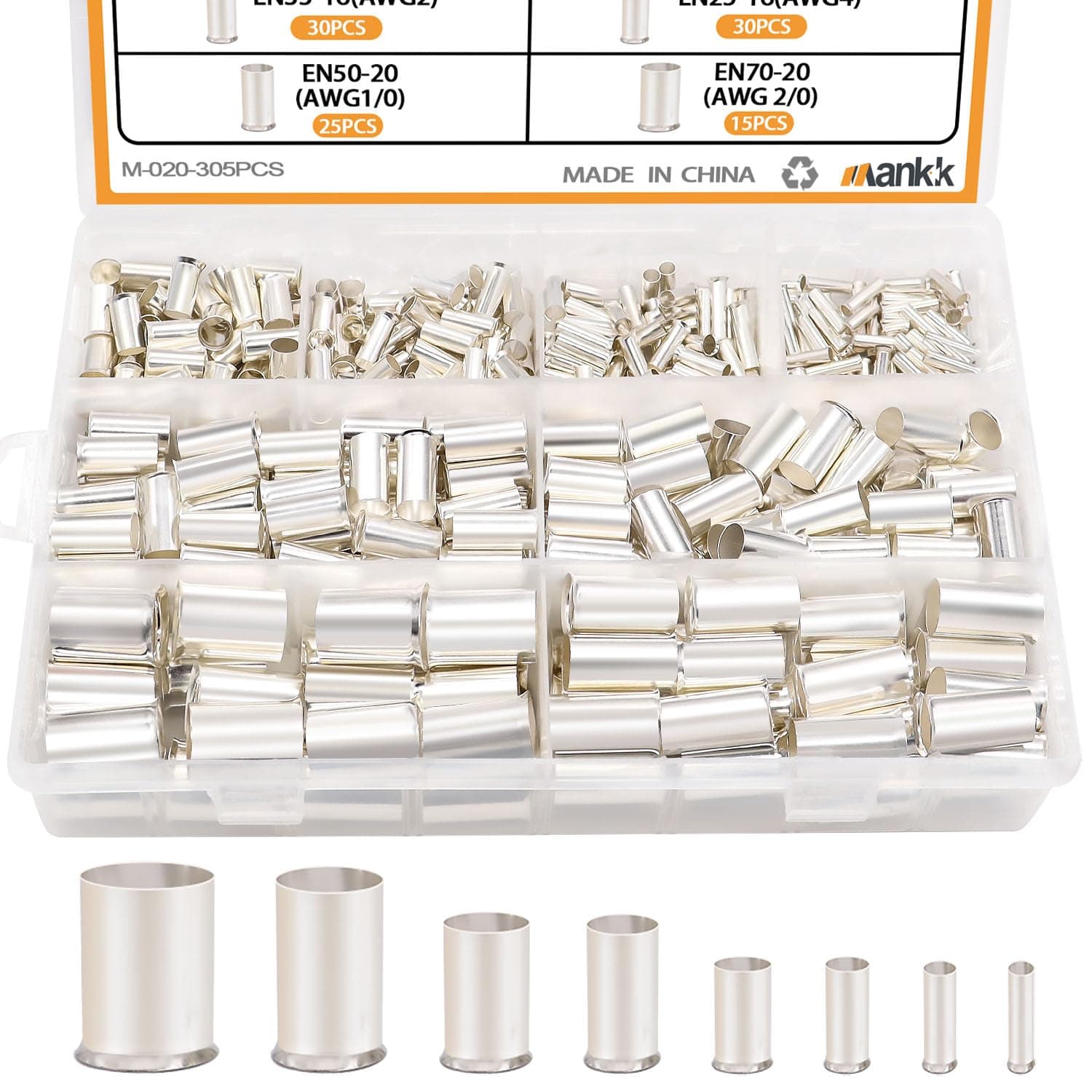 mankk 305 Pcs Wire Ferrules Kits Silver Plated Copper Crimp Terminal Connector 8 Sizes AWG (1/0 2/0 2 4 6 8 10 12) Sleeves Insulated Cord Pin End Terminal