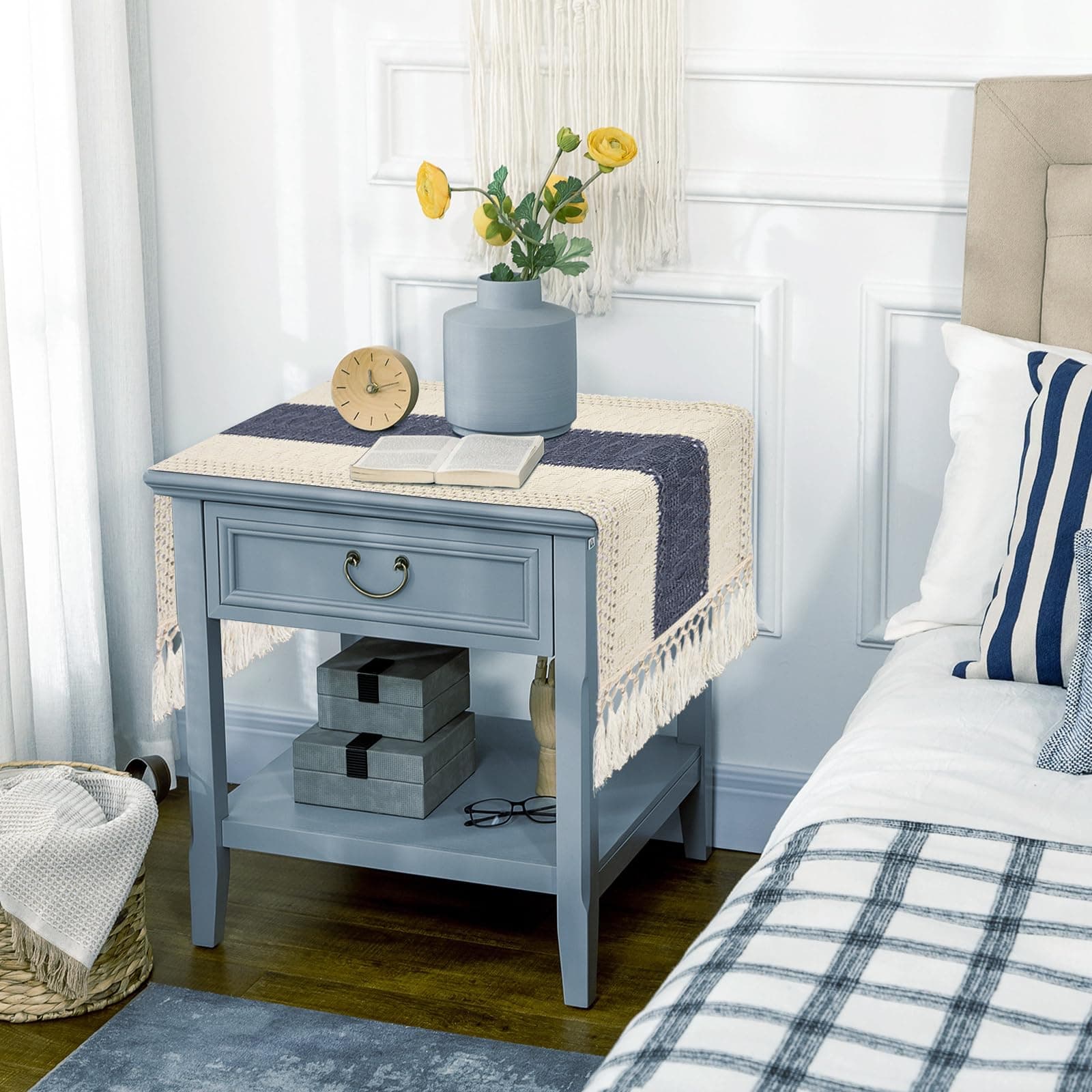 yubooBoho Macrame Dresser Runner, Navy Blue Coffee Table Runner Short, Rustic Summer Table Runner Farmhouse Style for Nightstand, End Table, Dining Room, Bohemian Home Decor, 48 Inches Long