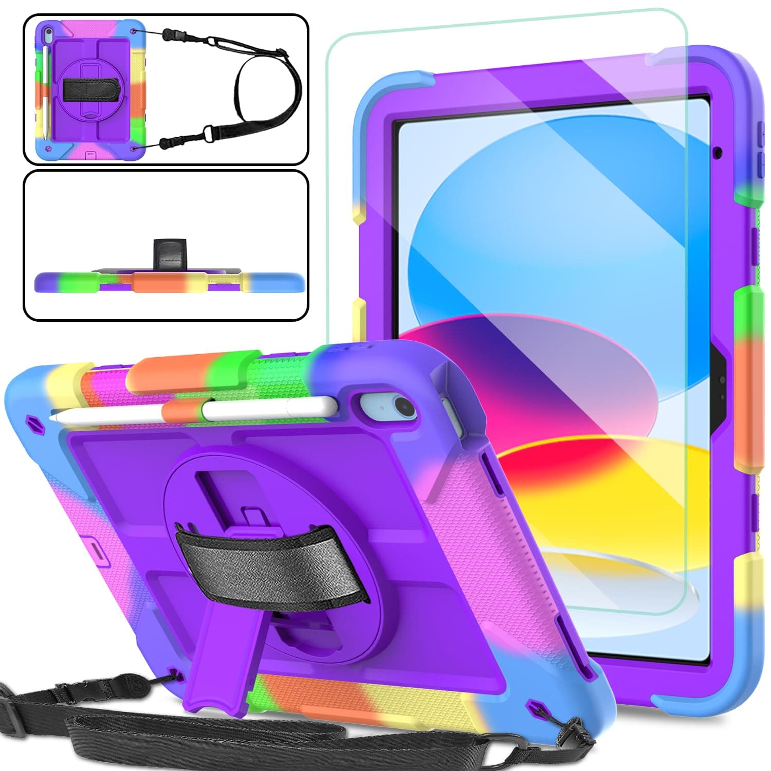 SINSOiPad 10th Generation Case 10.9 Inch 2022 with Screen Protector, Durable Shockproof Protective Cover with [Pencil Holder][360 Rotating Stand][Shoulder Strap] for iPad 10th Gen 2022 - Purple