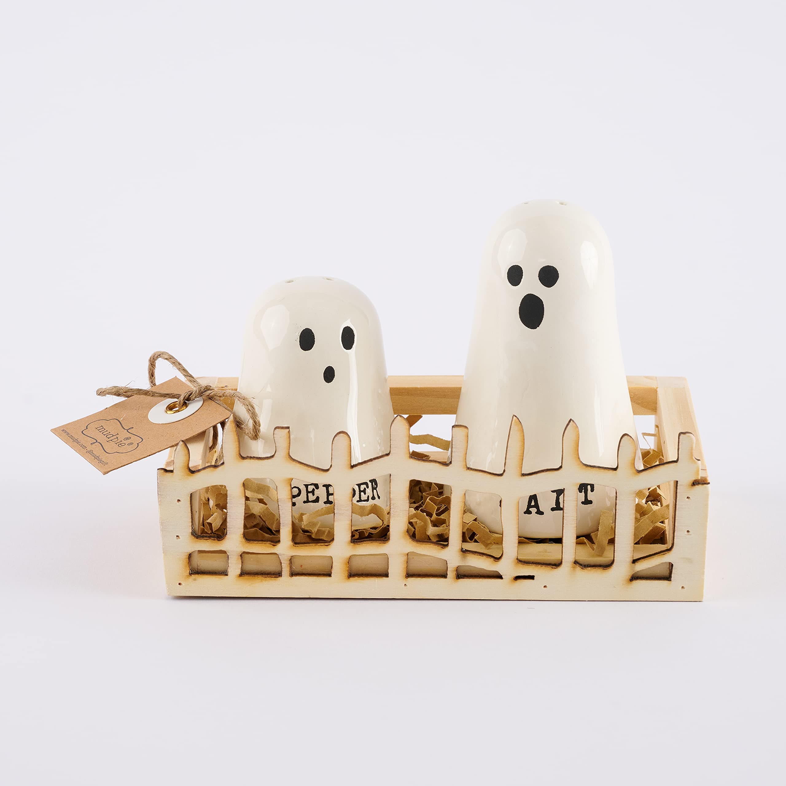Mud Pie Halloween Ghost Salt & Pepper Set, assembled 3 1/4" x 4 1/2"
