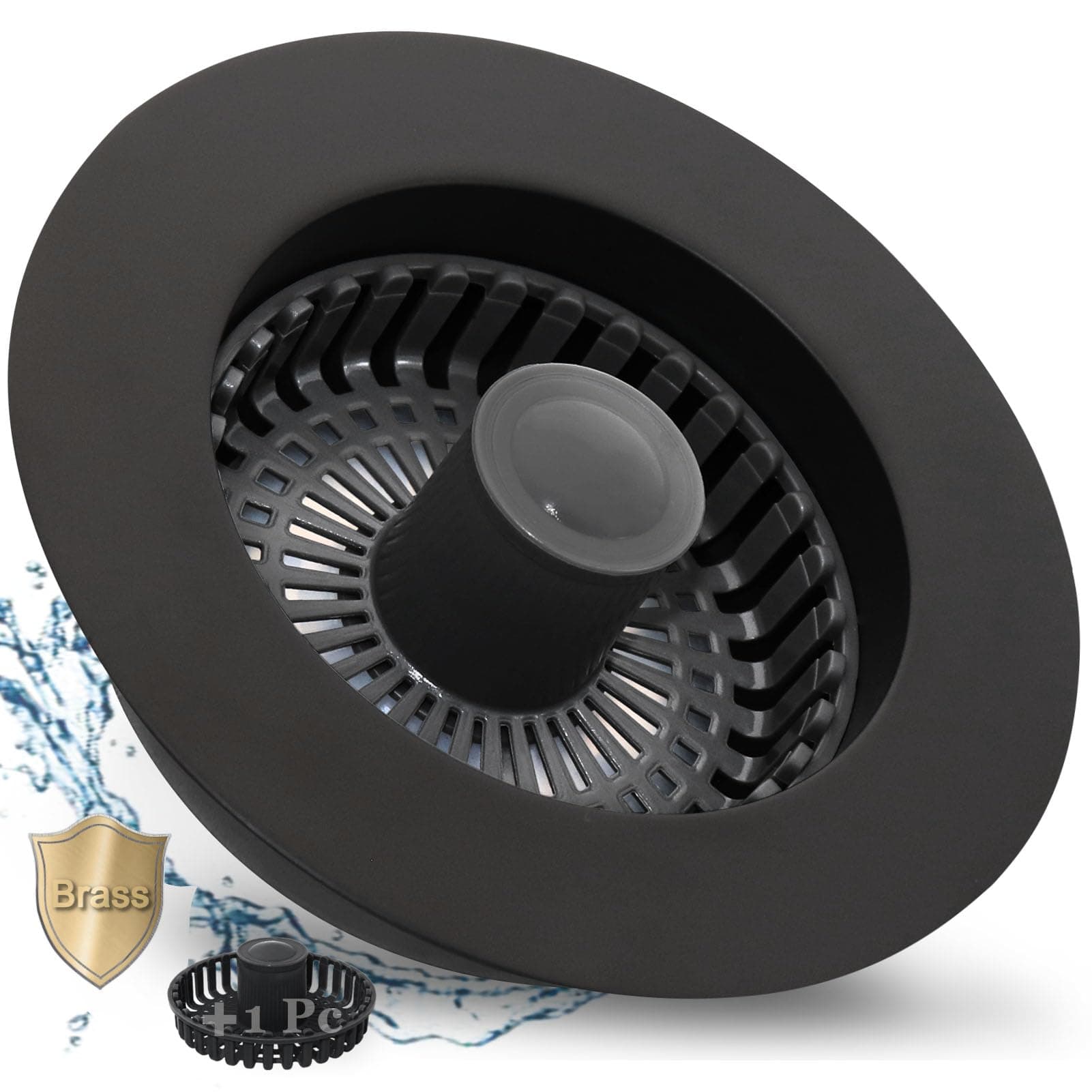 3 in 1 Kitchen Sink Stopper, Pop Up Kitchen Sink Drain Strainer, with an Extra Basket Strainer, Kitchen Sink Drain Stopper for US Standard 3-1/2 Inch, Brass Material Electroplate Black