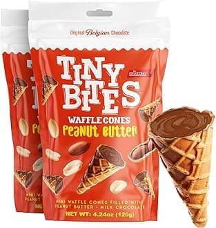 BEEMAX Tiny Bites Peanut Butter Mini Waffle Cones, Crispy Filled with Belgian Chocolate, Bite-Sized Snacks for Parties, Lunchboxes & Dessert Boards, 4.24 oz Bag, 2-Pack