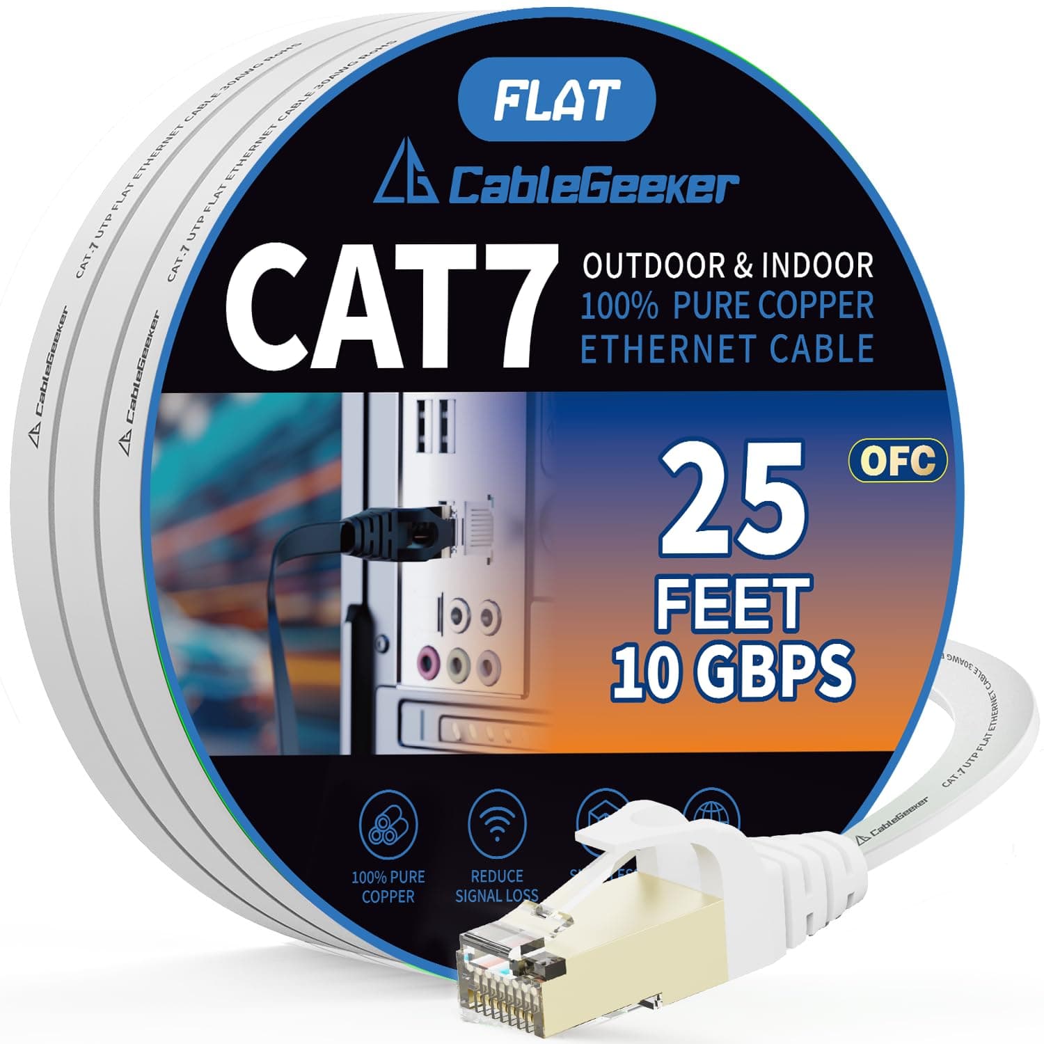 CableGeeker Cat7 Shielded Ethernet Cable 25ft White (Highest Speed Cable) Flat Internet Network Cable with Snagless RJ45 Connector for Modem, Router, LAN, Computer + Free Clips and Straps