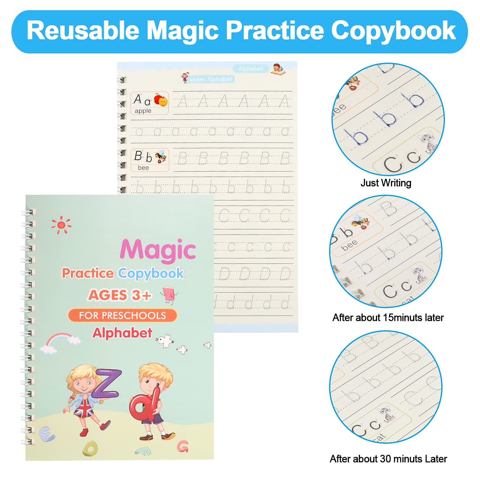Magic Practice Copybook for kids, 4 Pack Calligraphy Set with Handwriting Pens for Beginners, Children Tracing Workbook for Drawing,Math,Numbers,English Alphabet