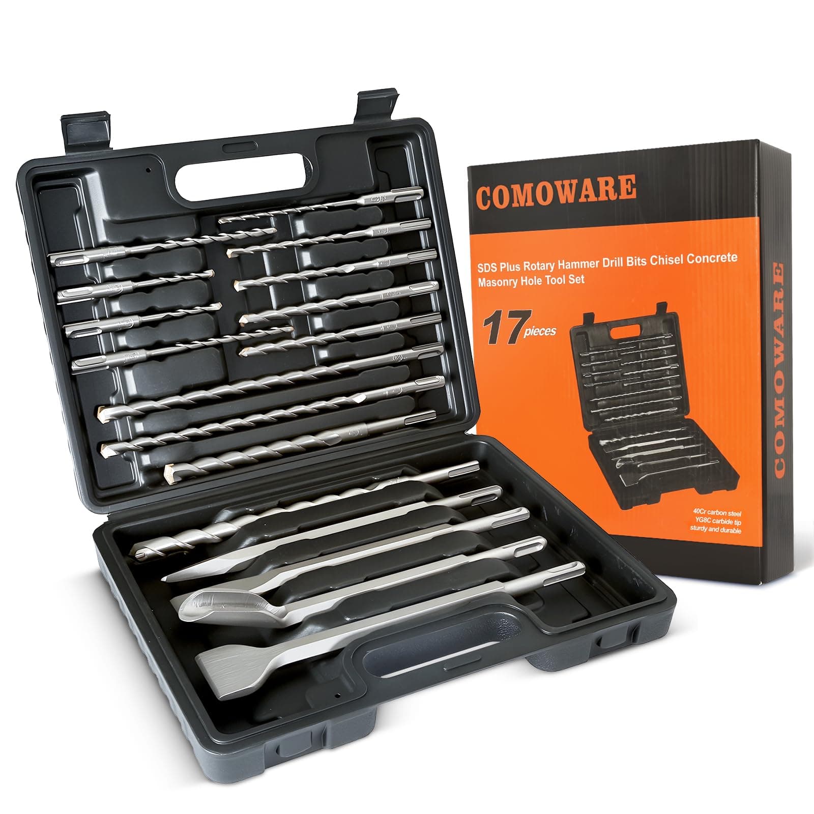 COMOWARE Rotary Hammer Drill Bits Set & Chisels- SDS Plus Concrete Masonry Hole Tool 17pcs with Storage Case