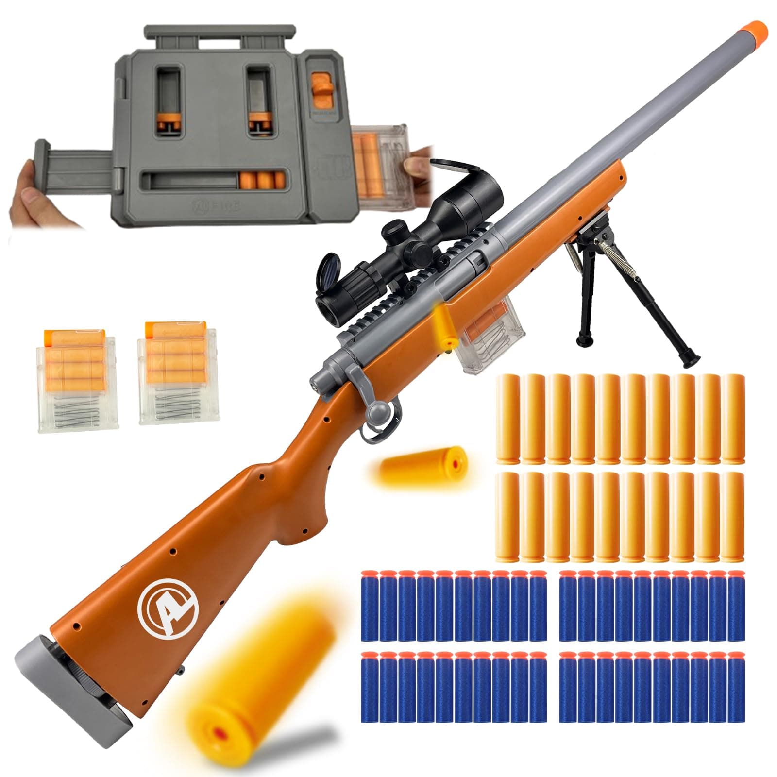 - M24 Foam Blaster, Shell Ejecting, Safety Switch, Adjustable Stock 41.8 Inch, Fast Dart Loader, Scope, 40 Darts, 20 Casings, 2 Mags, Tactical Gear for Teens 14+ Adults(Brown)