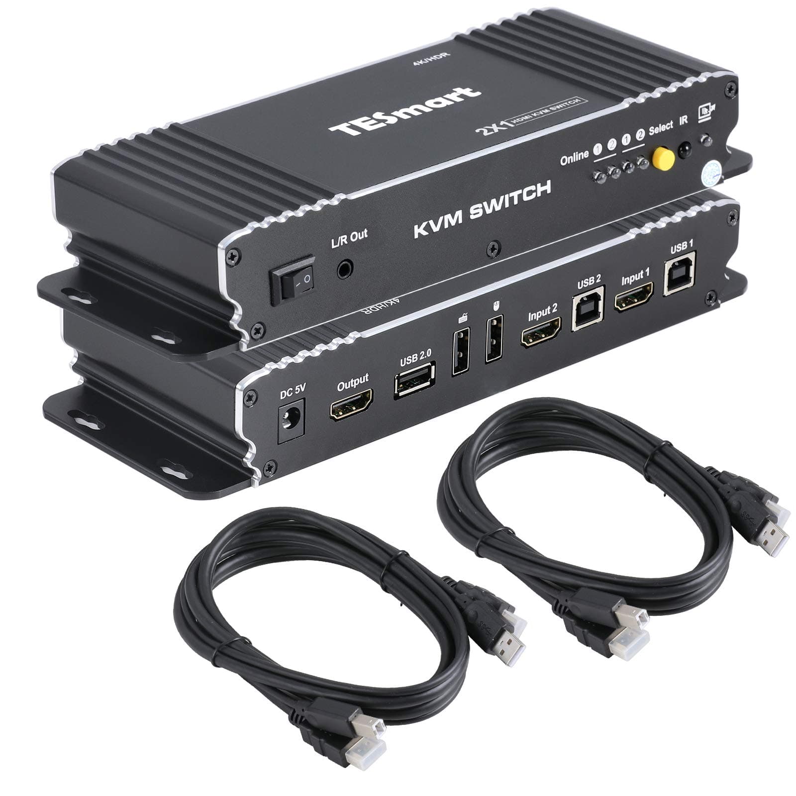 TESmart 2 Port HDCP 2.2 HDMI KVM Switch 4K@60Hz 4:4:4 Ultra HD| 2x1 KVM Switcher 2 in 1 out with 2 pcs of 1.5 m KVM Cables Supports USB 2.0 Devices Control up to 2 computers/servers/DVR-Matt Black