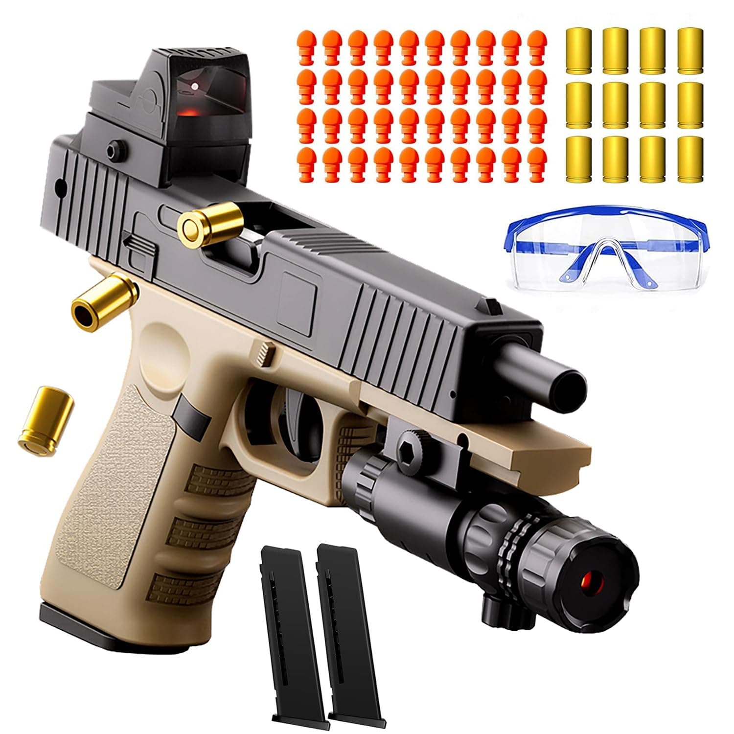Moonmen Soft Bullet Toys Gun Pistol, Automatic Continuously Empty Shell Ejecting Toy Gun, 40 Soft Foam Bullets, 2 Magazines, Pistol Education Model Toys (Glock Khaki)