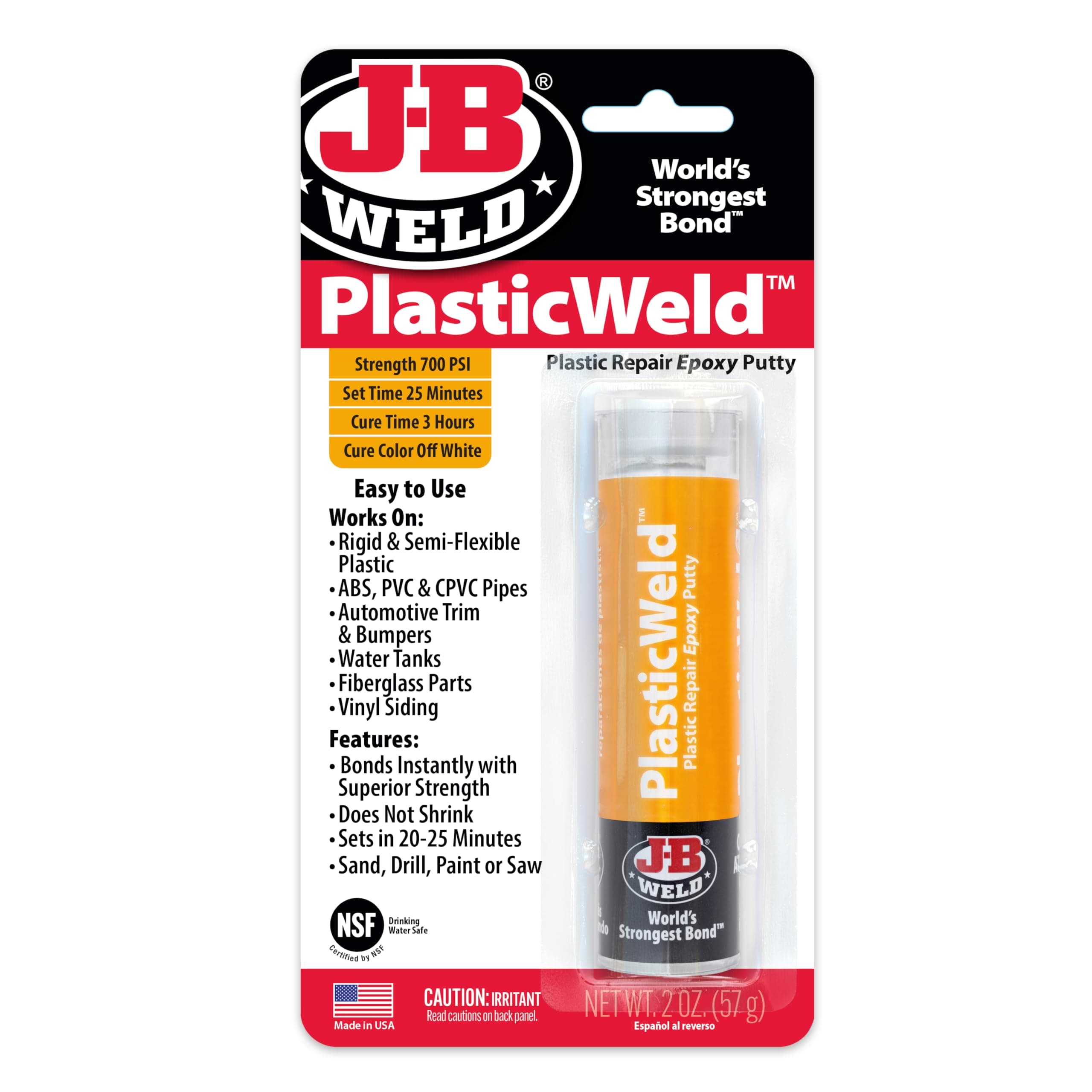J-B Weld 8237 PlasticWeld Plastic Repair Epoxy Putty - 2 oz.