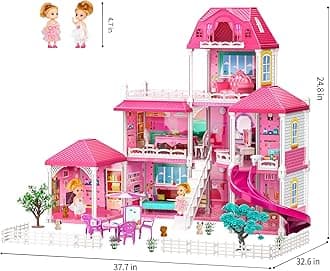 TEMI Villa Toys for 3-8 Years Old Girls - 3 Storeys 8 Rooms, Indoor Playset with 2 Dolls, Furniture and Accessories, Pretend Play, Building Toys, Gifts