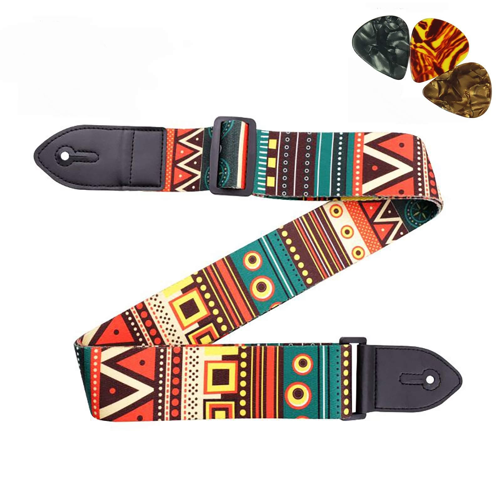 Guitar Strap - Adjustable Leather & Polyester, Suitable For Bass, Electric & Acoustic Guitars - Includes 3 Picks
