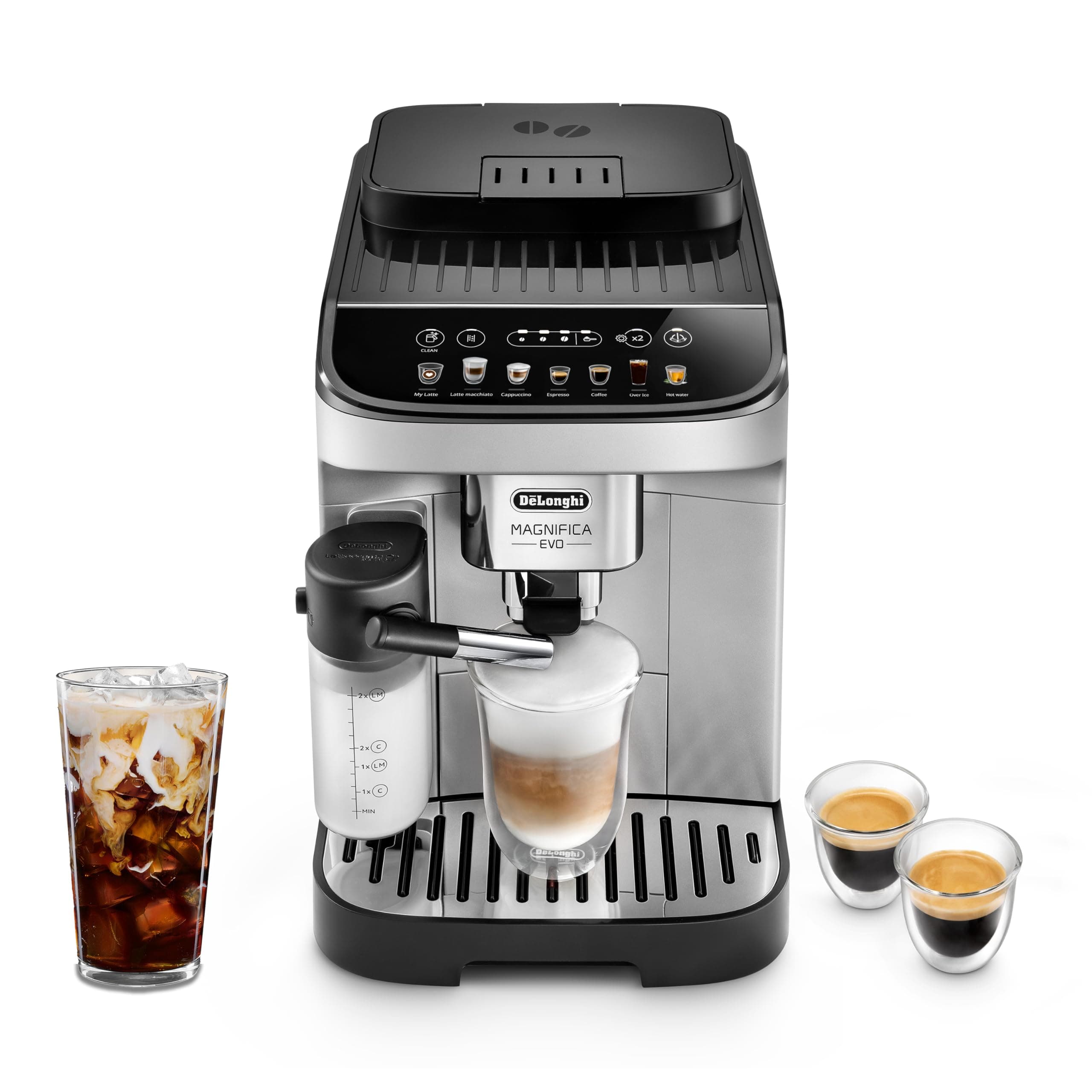 Magnifica Evo Automatic Espresso & Coffee Machine with Auto Milk Frother, Built-in Grinder & Auto-Clean Function - For Latte, Cappuccino, Americano, Iced Coffee, ECAM29084SB , Silver