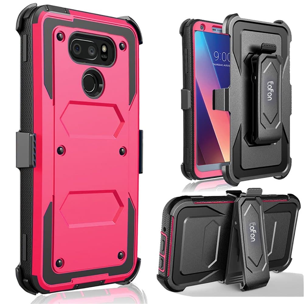 LG V30 Phone Case, Durable and Rugged Heavy Duty Case for The LG V30 Comes with a Built in Multi-Use Belt Clip(Hot Pink)