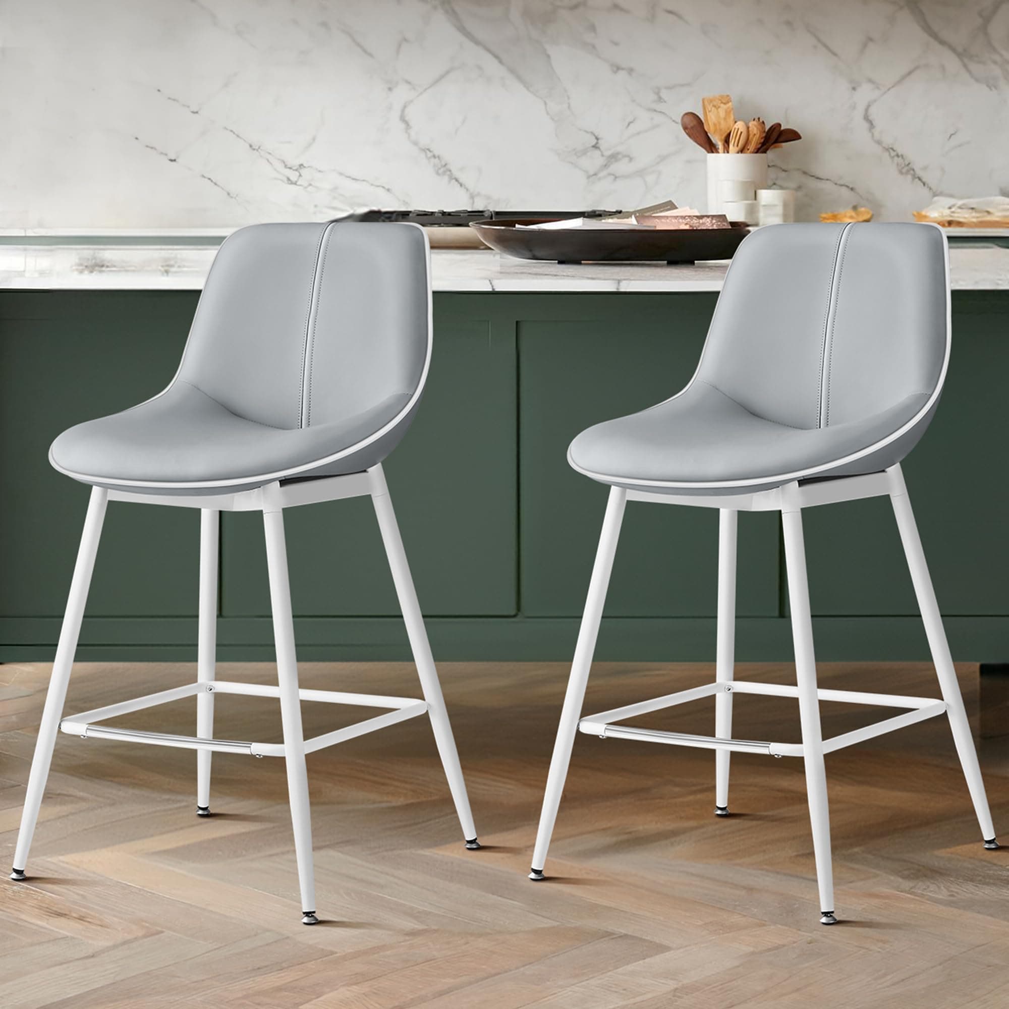 VASAGLE Bar Stools Set of 2, Counter Height Bar Stools with Back, Ergonomic Backrest, Synthetic Leather, Metal Legs, 24.8-Inch Tall Barstools for Kitchen Island Home Bar, Easy Assembly, Dove Gray