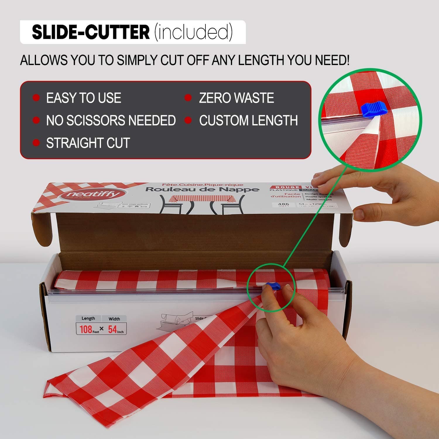 Neatiffy Disposable Plastic Table Cloth Roll | 54 in x 108 Ft Waterproof Tablecloth | Table Cover for Rectangle, Square, Round Oval Tables | Picnic, Party, Banquet, Birthdays, Weddings, Red Checkered