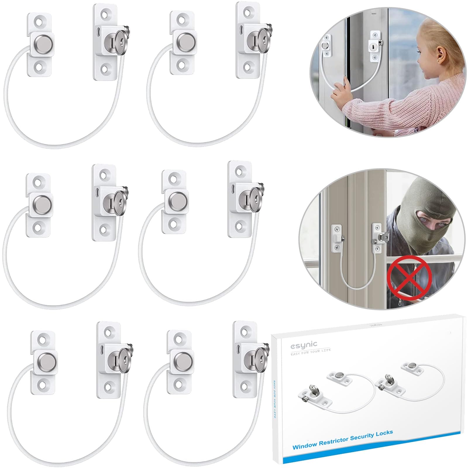 eSynic 6Pack Durable Window Locks Child Safety 185mm/7.3 Inch Wire Long Window Restrictor for UPVC Window Safety Restrictors with Key Relieable Window Security Locks for Home Office Safety etc