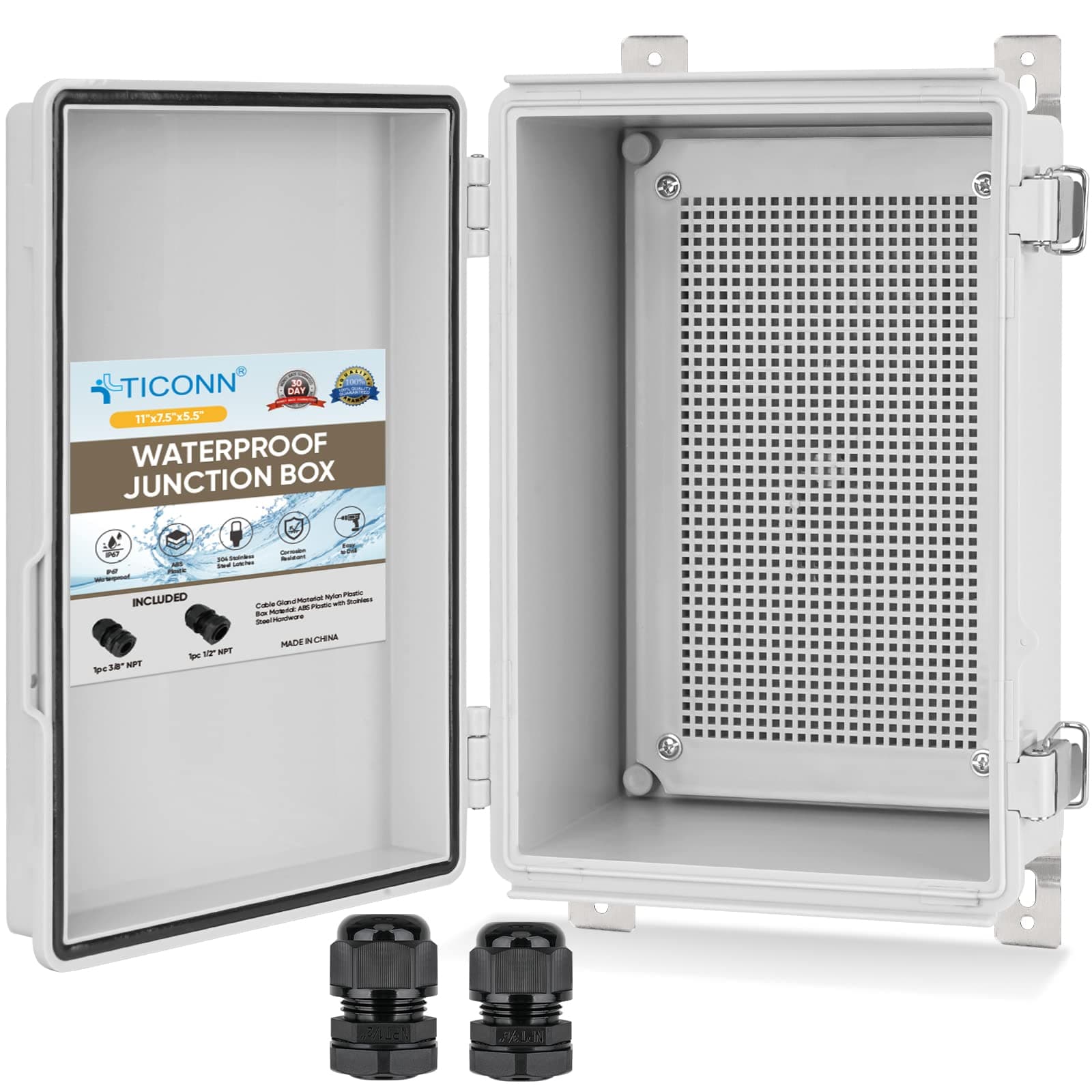 TICONN Outdoor Electrical Box Waterproof, Junction Box IP67 ABS Plastic Enclosure with Hinged Cover with Mounting Plate, Wall Brackets, Cable Glands (Off-White, 11"x7.5"x5.5")