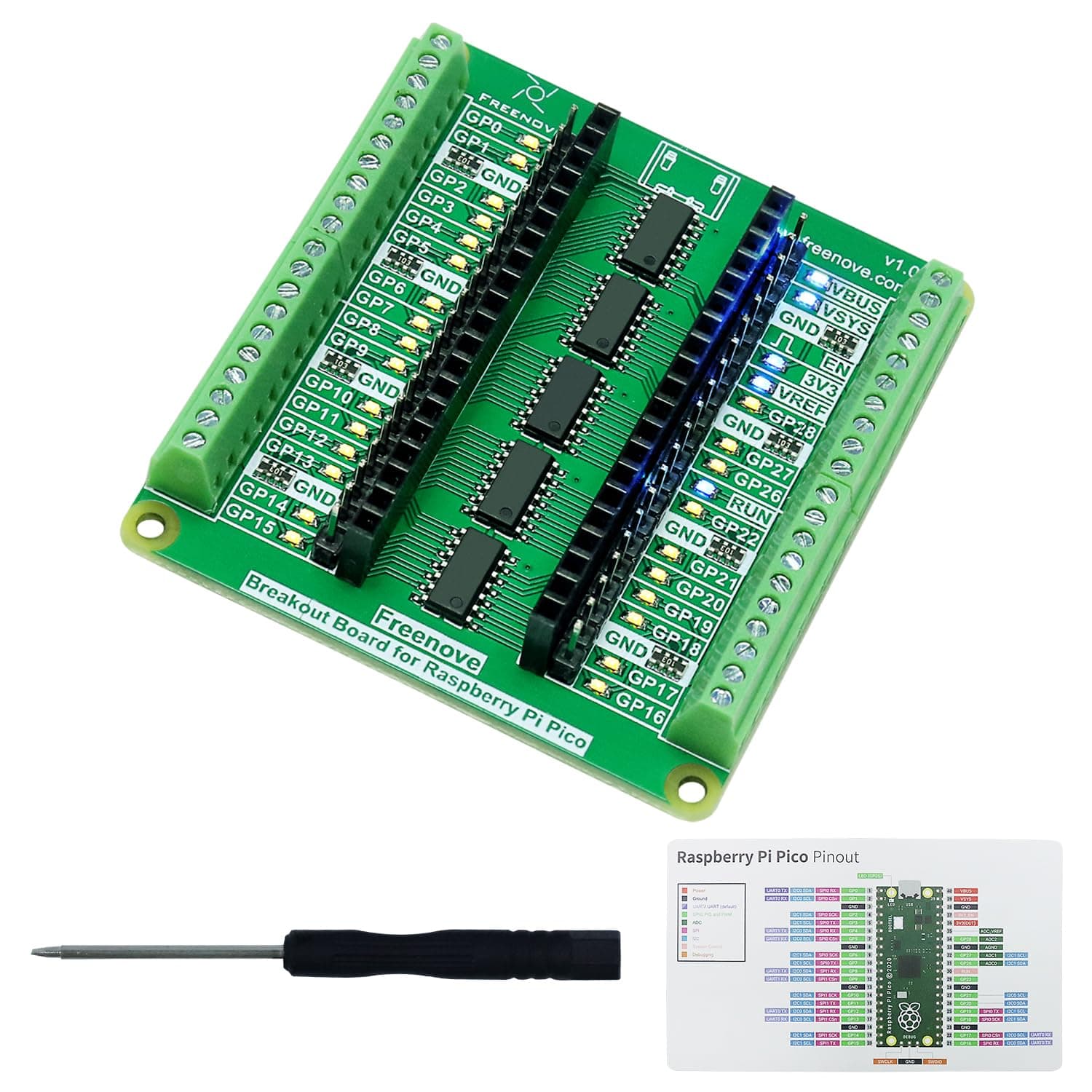 FREENOVE Breakout Board for Raspberry Pi Pico/Pico H/W, Terminal Block Shield With Pin Header, GPIO Status LED