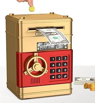 ATM Piggy Bank for Boys Girls, Electronic Money Bank with Password, Auto Scroll Paper Money Saving Box，Kids Safe Money Jar, Great Gift Toy Bank for Kids (Gold Red)