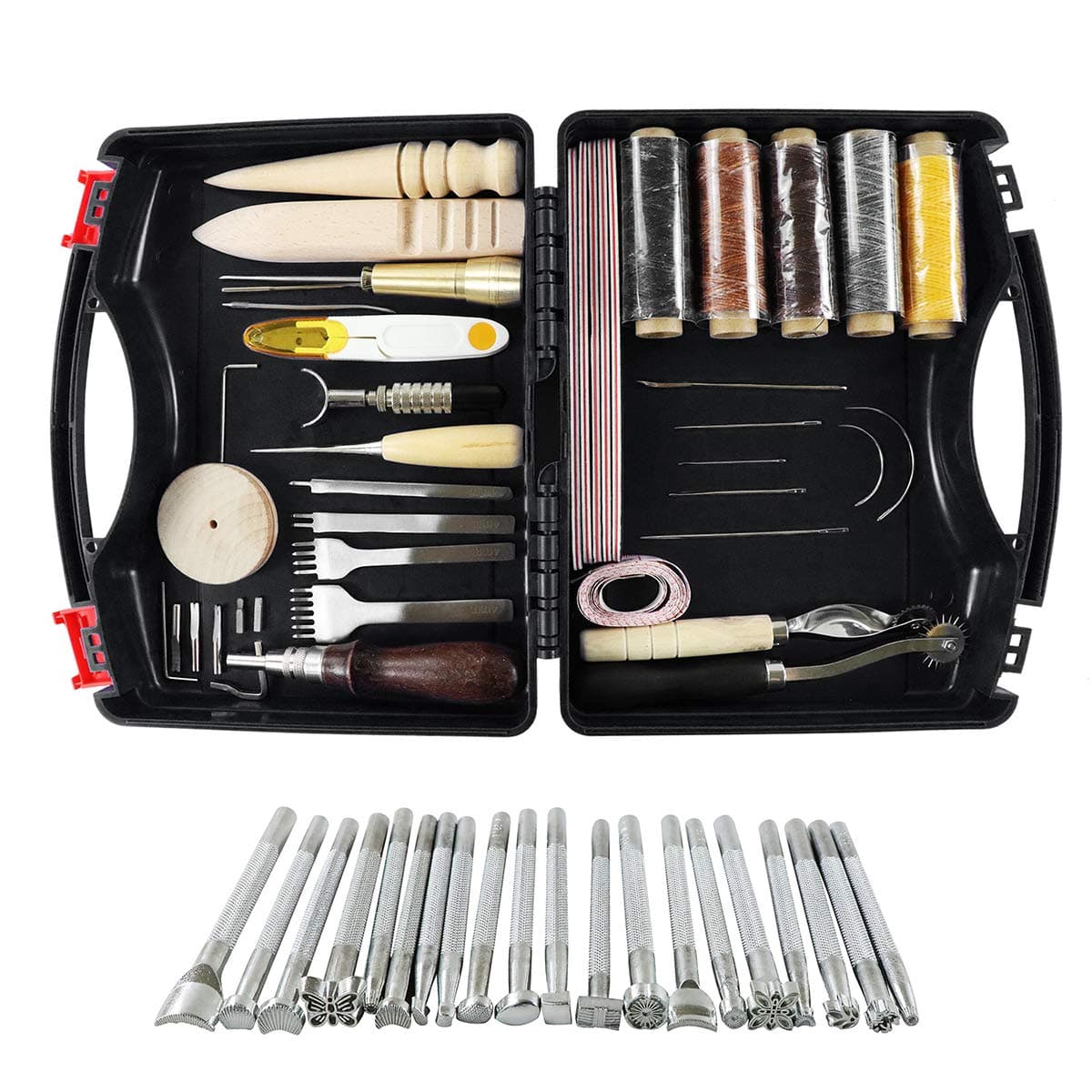 WHDZ 52pcs Leather Sewing Tools Kit DIY Leather Craft Tools Hand Stitching Tool Set, Prong Punch, Leather Stamping Tools, Wax Ropes Needles for Stitching Punching Cutting Sewing DIY Leather Craft Work