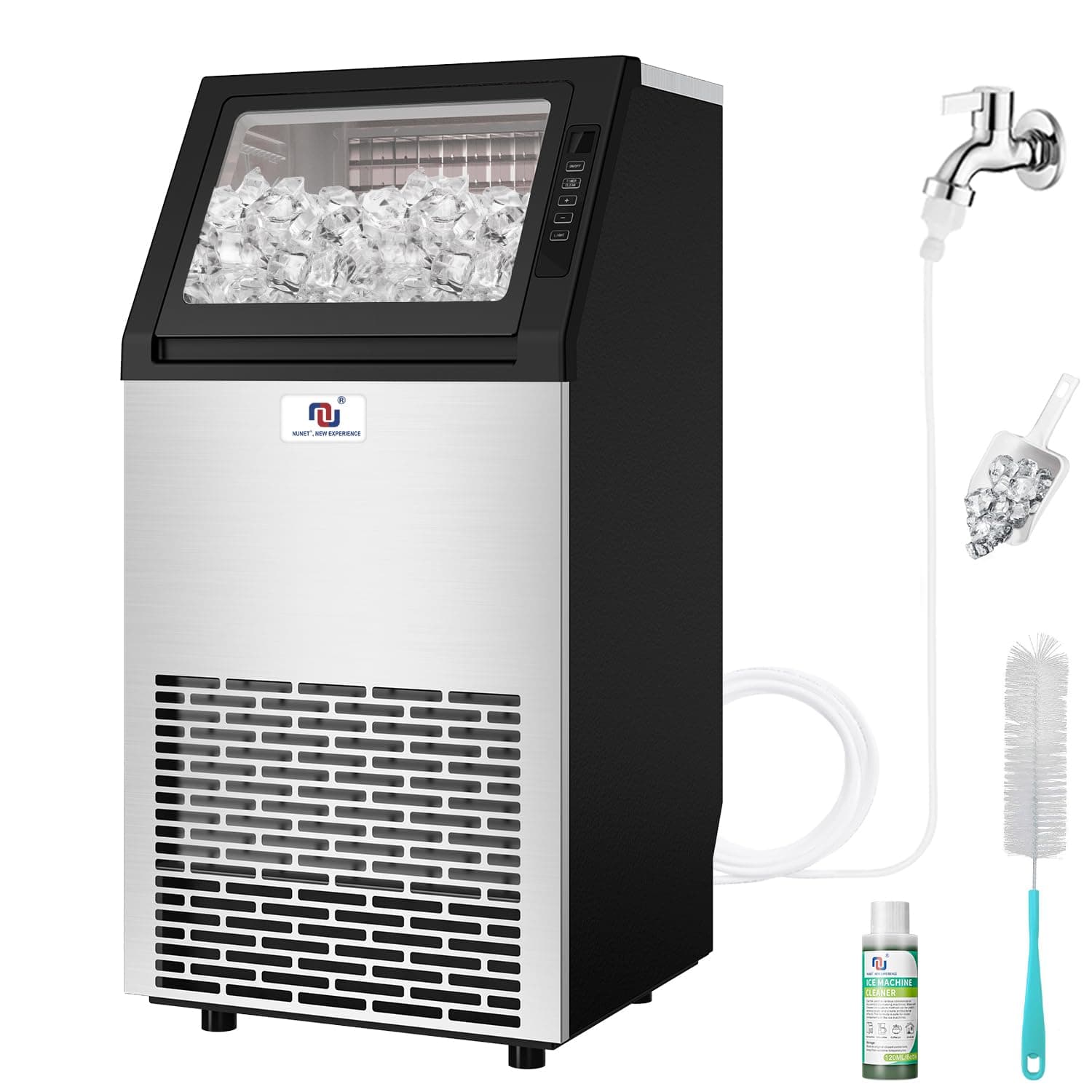 Freestanding Ice Maker Machine - 100 lbs/Day Under-Counter Stainless Steel Ice Maker with 26 lbs Storage, Self-Cleaning, Automatic Inlet Water Line for Clear Ice Cube & Chilled Water for Business