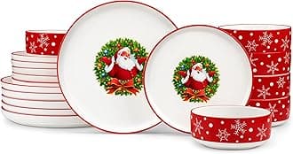 MALACASA Plates and Bowls Sets, 18 Pieces Christmas Porcelain Dinnerware Set for 6, Ceramic Dishware Dishes Kitchen Dinner Dining Ware Set, Microwave and Dishwasher Safe, Series LUNA-Santa Claus