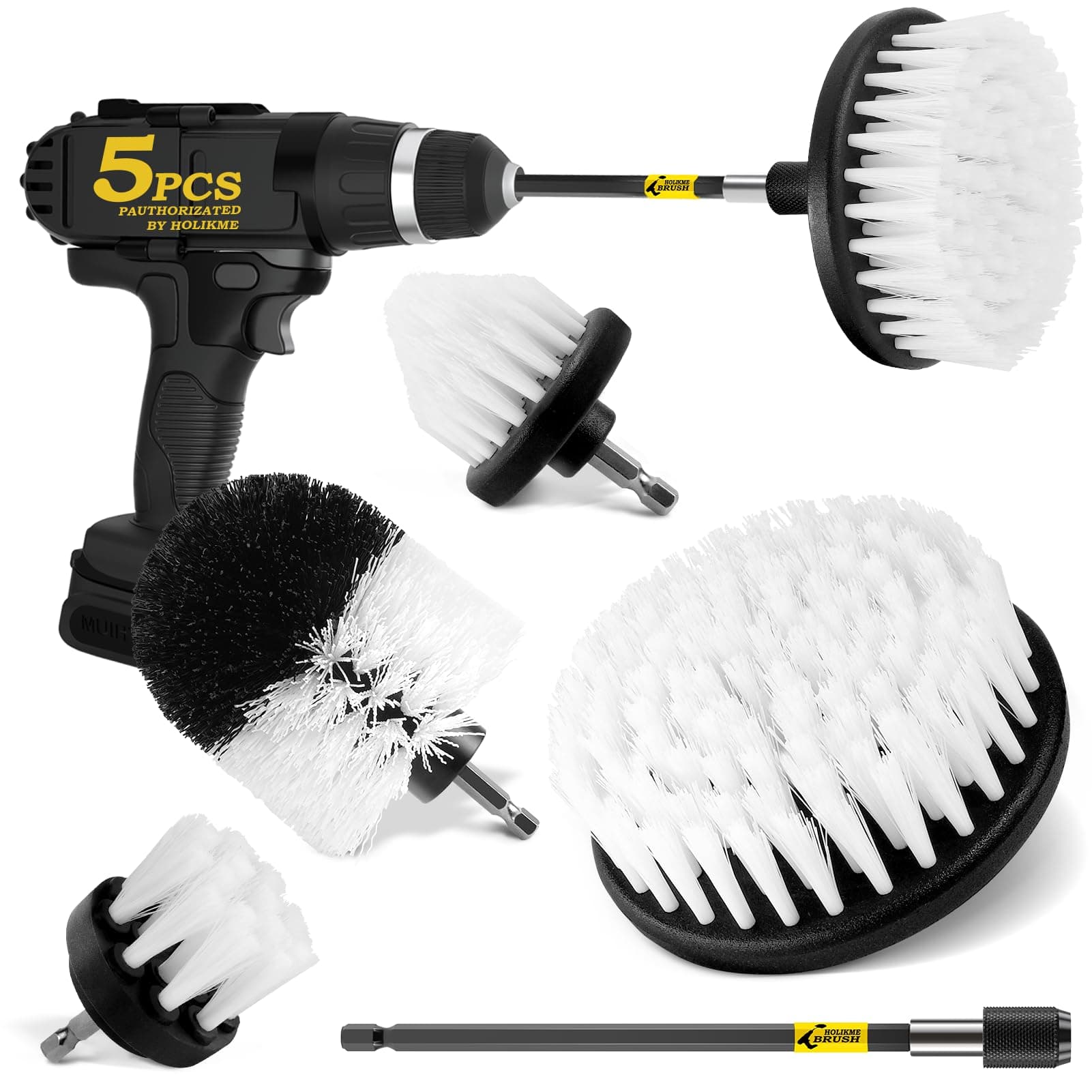 5Pack Drill Brush Attachment Set-Car Interior Detailing Kit，Power Scrubber Brush Extended Long Attachment for Bathroom, Car，Shower，Carpet,Boat,Kitchen，Floor and Tile，White