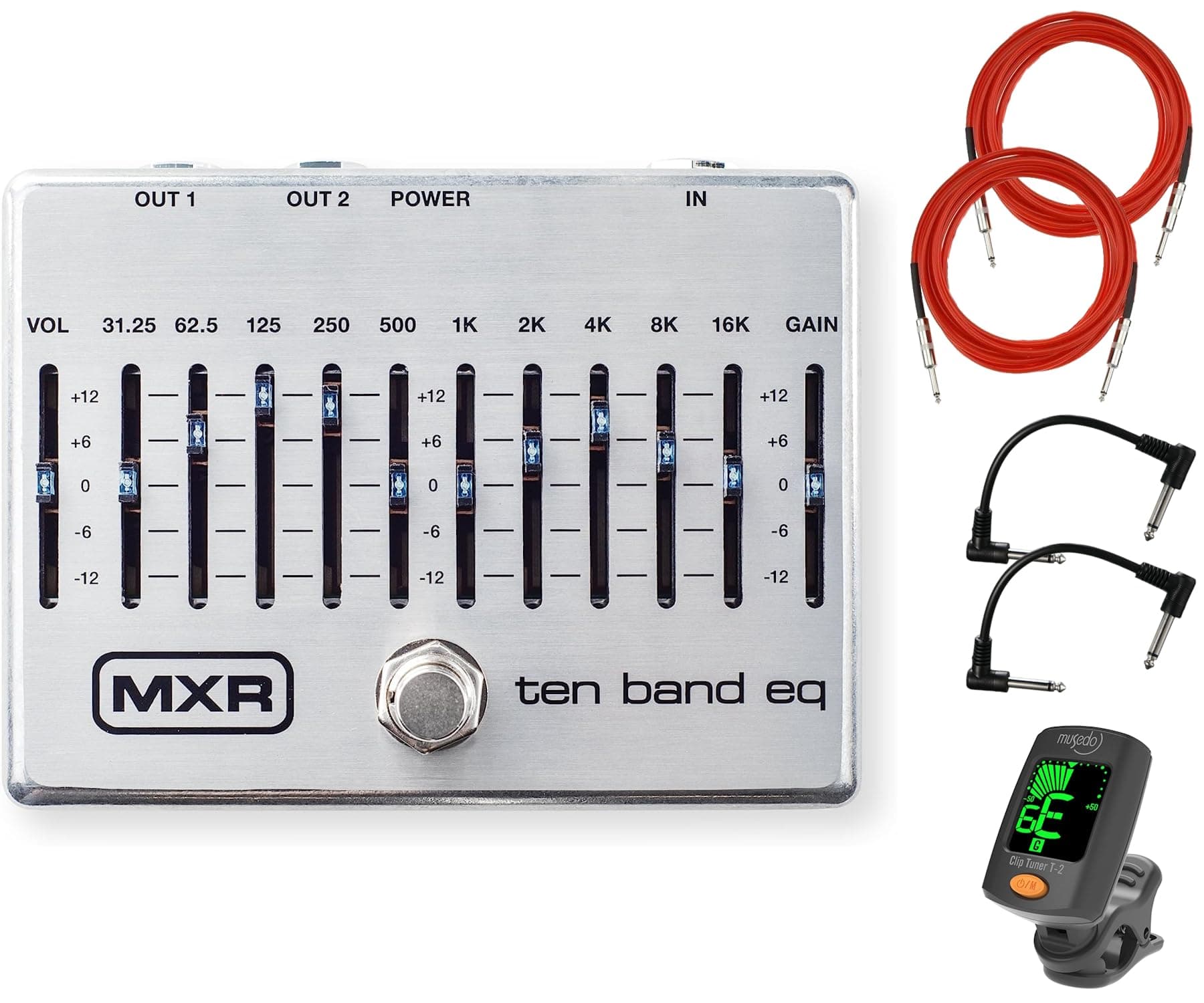 MXR M108S 10 Band EQ Effects Pedal Bundle with 2 Instrument Cables, 2 Patch Cables and Tuner