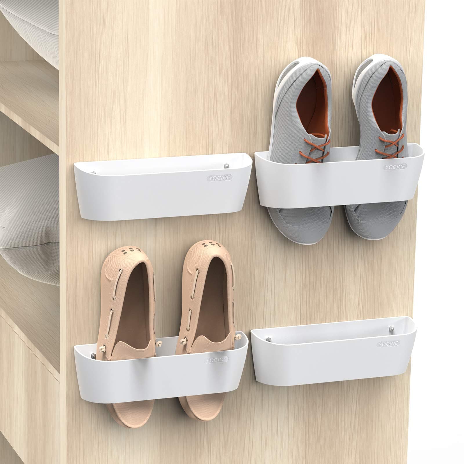 Wall Mounted Shoes Rack 4Pack with Sticky Hanging Strips, Plastic Shoes Holder Storage Organizer,Door Shoe Hangers (SM03-White-4)
