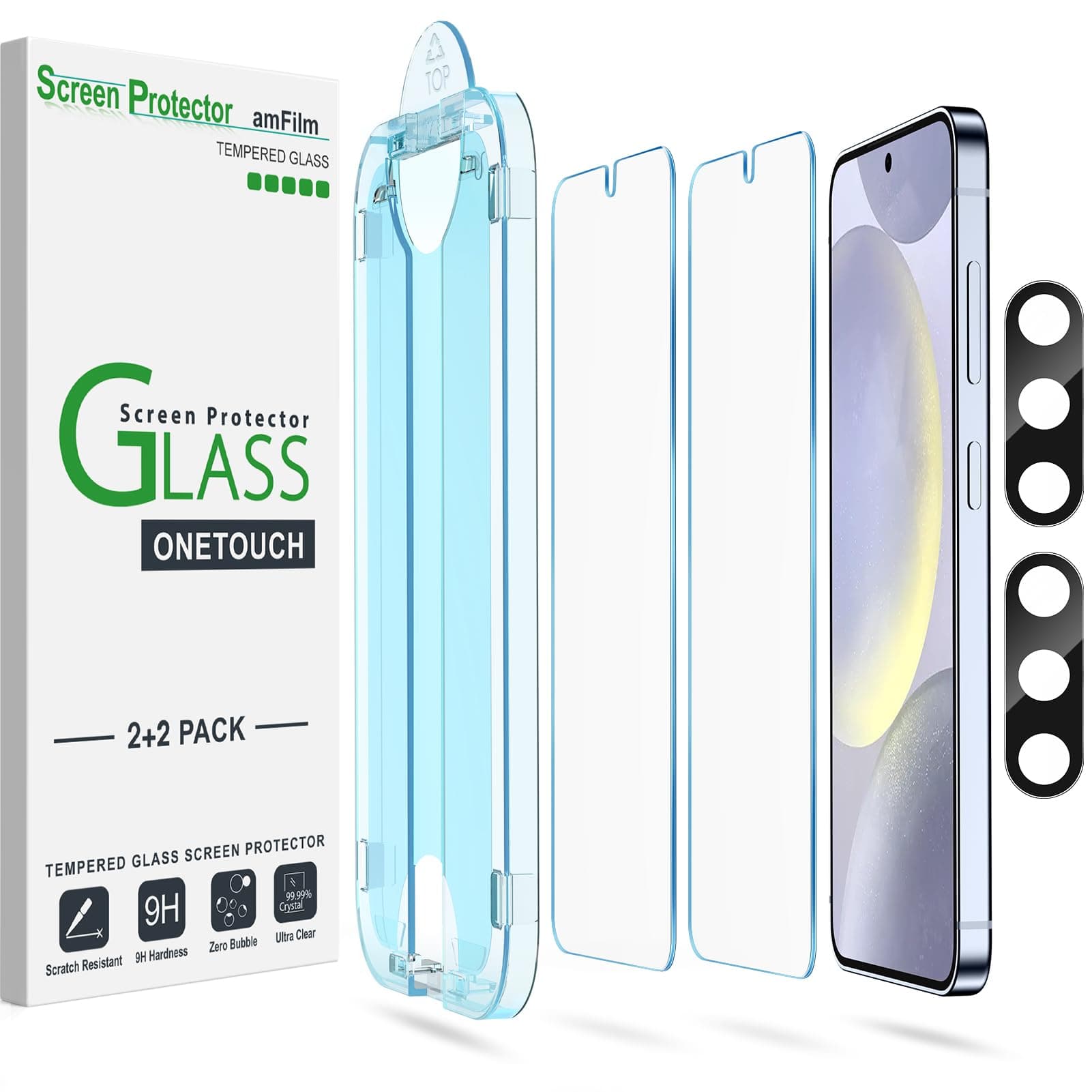 [2+2 Pack] One Touch Tempered Glass Screen Protector for Samsung Galaxy S24 Plus/S24+ 6.7 Inch with Camera Lens Protector, 9H Hardness, Easy Installation, Bubble Free, Case Friendly