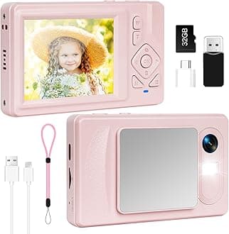 Digital Camera 4K - 48MP UHD Autofocus with 2.83" LCD Screen, 18X Digital Zoom Anti-Shake Photography Vlogging Compact Camera with 32gb SD Card for Kids Students Beginners Teens (Pink)