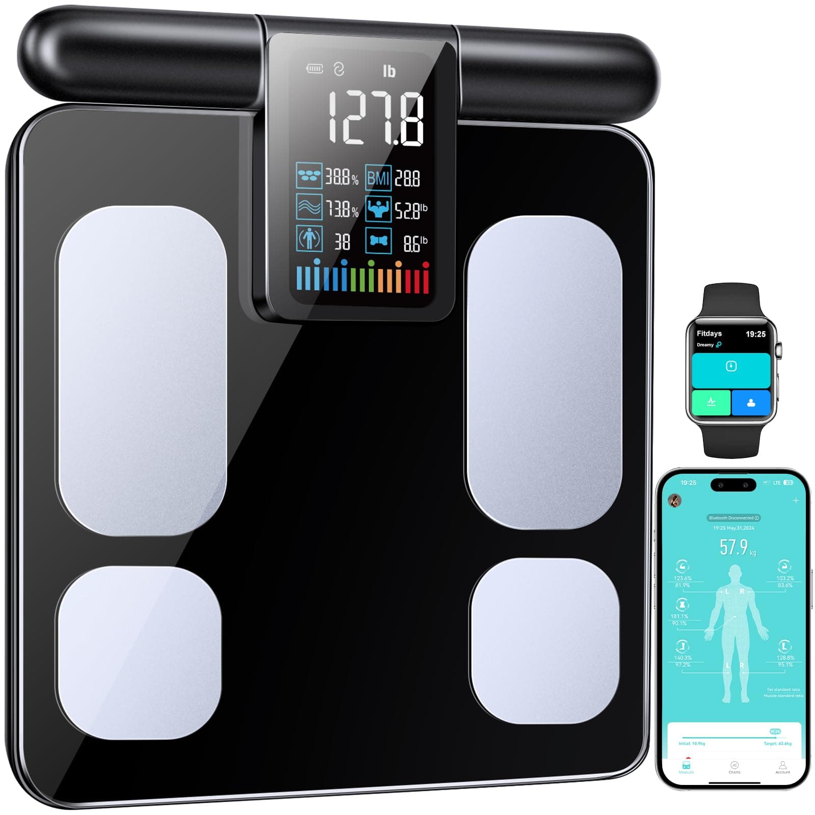 8-Electrode Smart Body Fat Scale with Handle, 28 Body Metrics, Segmental Measurements for Arms/Legs/Torso for Arms/Legs/Torso, Large Display, App Sync, 180kg/400lbs