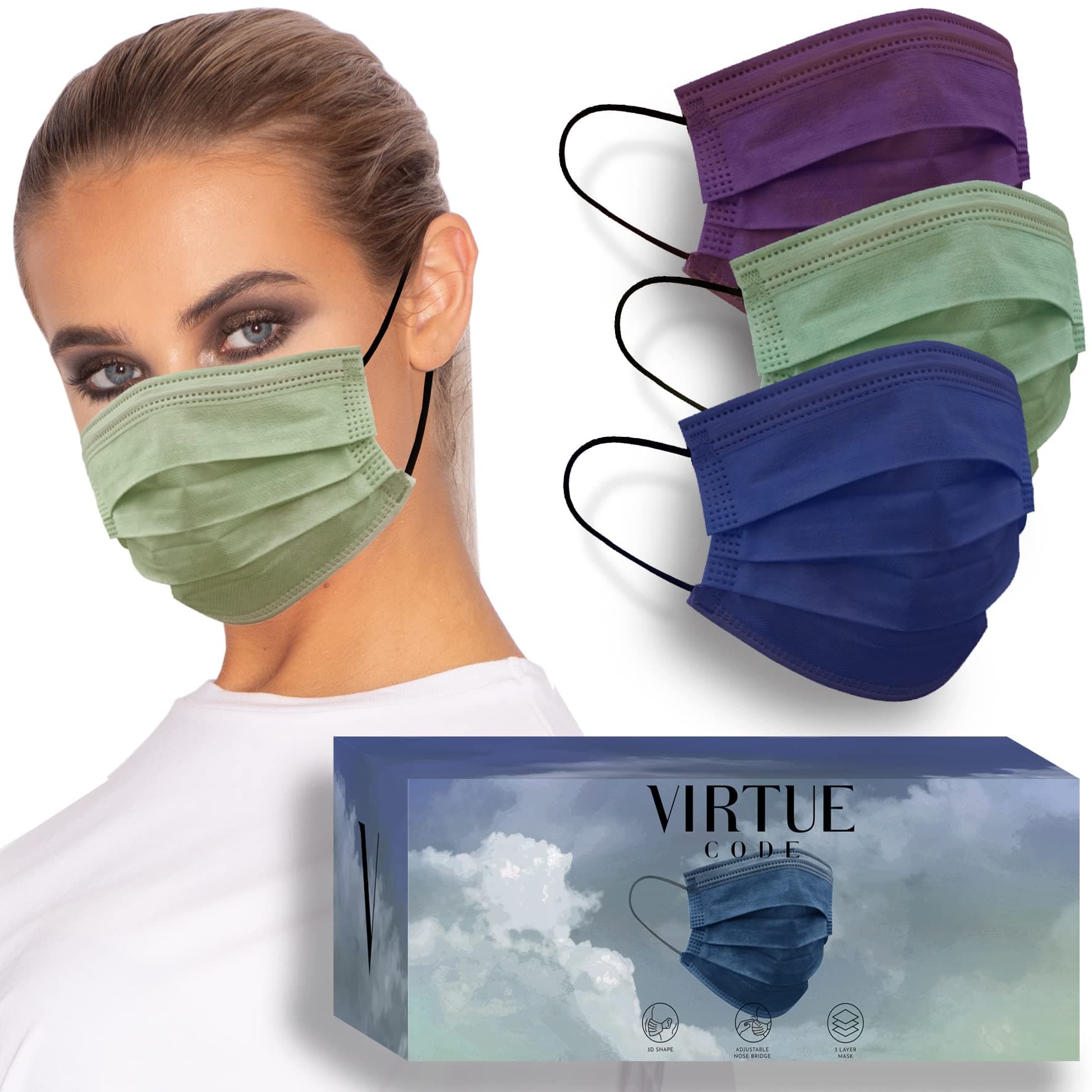 VIRTUE CODE Support Mask. 50 Disposable Face Masks for Men and Women