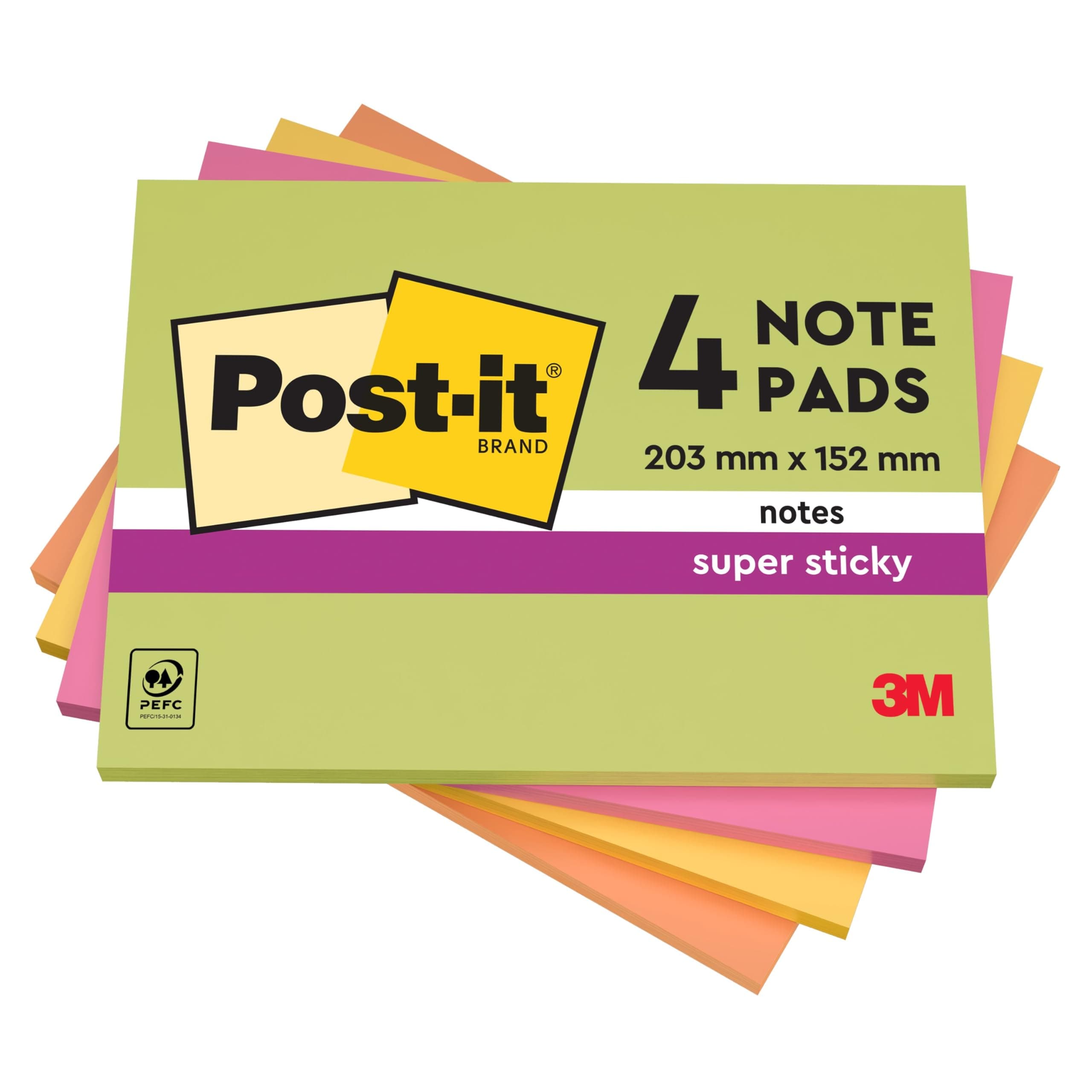 Super Sticky Large Notes, 180 Sheets, Pack of 4 Pads, 152 mm x 101 mm - Holds Strong to Many Surfaces - Bright Colours - For Walls, Monitors and Fridge, Recycable