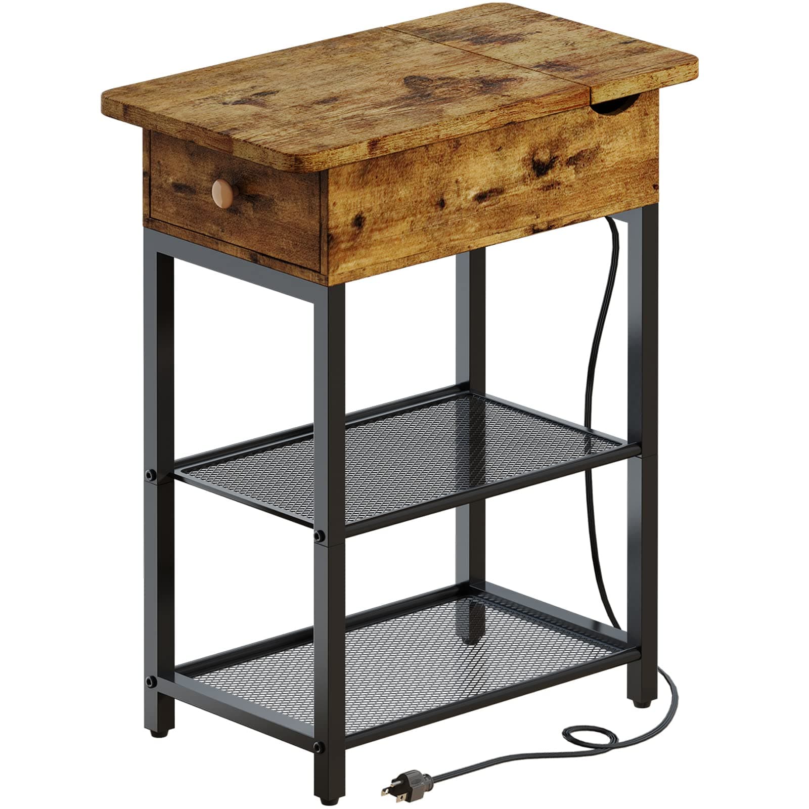 QEEIG Small End Table with Charging Station Sofa USB Ports Power Outlets Farmhouse Narrow Nightstand, Rustic Brown