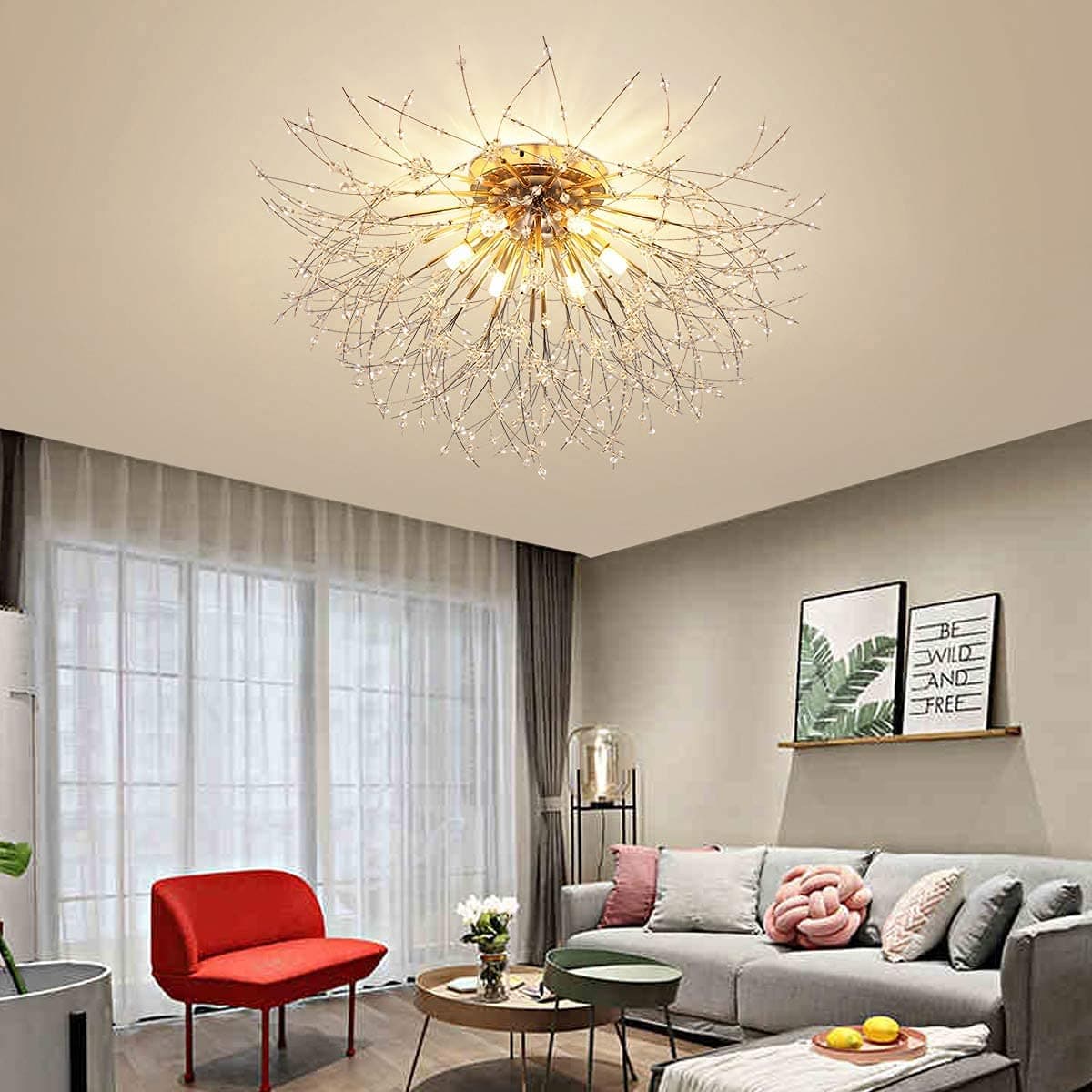 Garwarm Firework Chandeliers, 6-Lights Sputnik Ceiling Lamp Modern Semi Flush Mount Crystal Ceiling Lighting 62cm LED Ceiling Light Fixtures for Living Room Dining Room Gold,4000K( Bulbs are Included)
