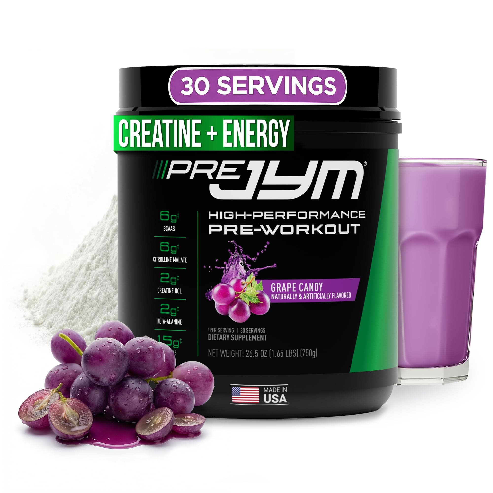 Pre JYM Grape Candy Pre Workout Powder - BCAAs, Nootropics, Creatine HCI, Citrulline, Beta-Alanine, Betaine, Taurine, Huperzine 30 Servings