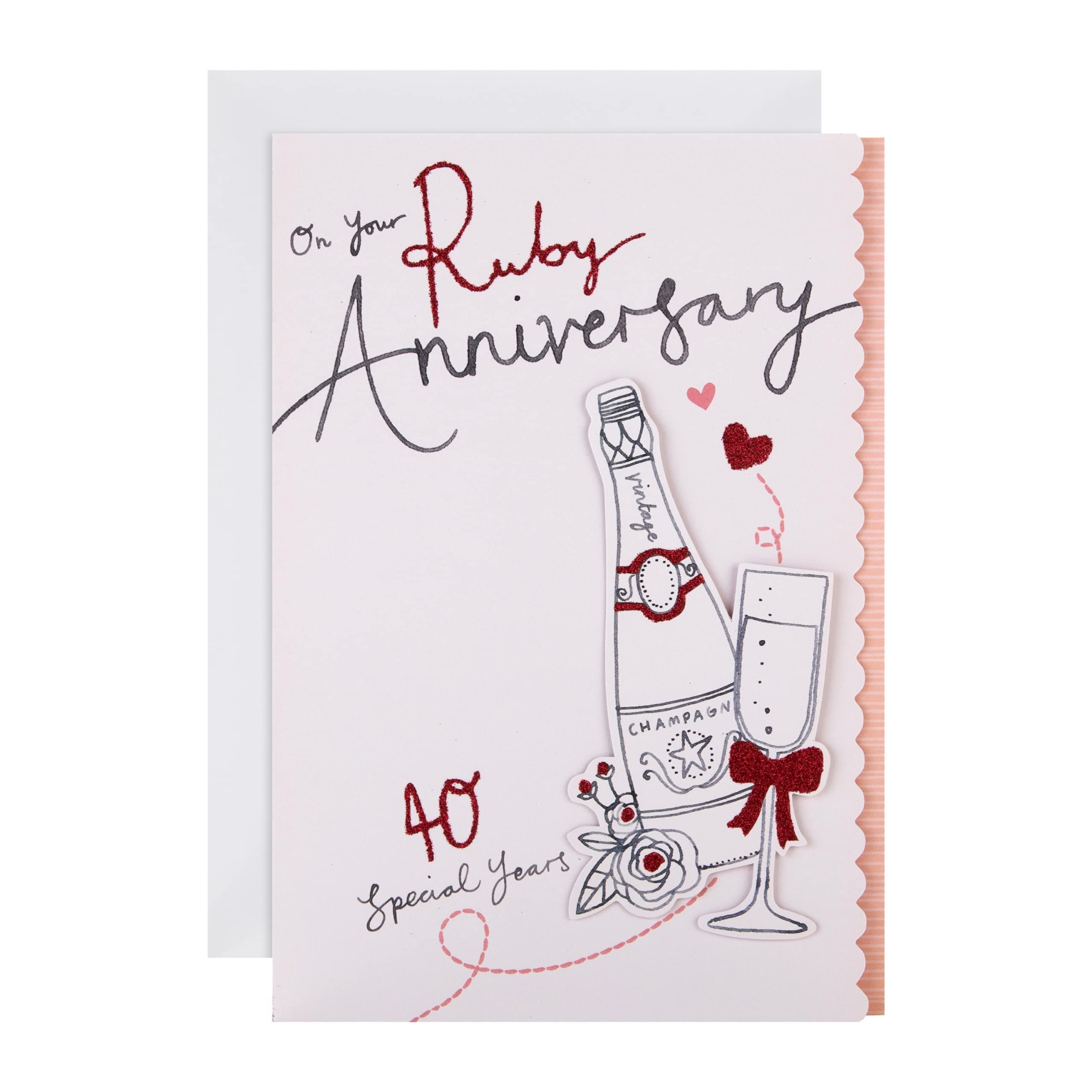Ruby Wedding Anniversary Card- Illustrated 3D Effect Bottle & Glass Design