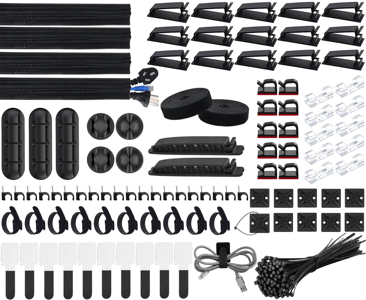 SOULWIT 200PCS Cable Management Kit,4 Cable Sleeves,37 Cable Clips,7 Cable Holders,10 Zip Tie Mounts,20 Cable Clip Nails,100 Cable Fastening Ties,20+2 Roll Cable Straps for TV PC Computer Under Desk