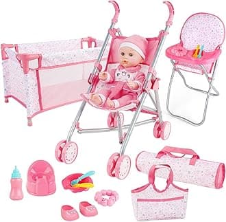 deAO Baby Doll Stroller Playset with Foldable Stroller, Travel Cot & Highchair, Doll Accessories Set Includes Travel Bag and Nursery Role Play Toys for Kids Girls Boys 3+ Years Old