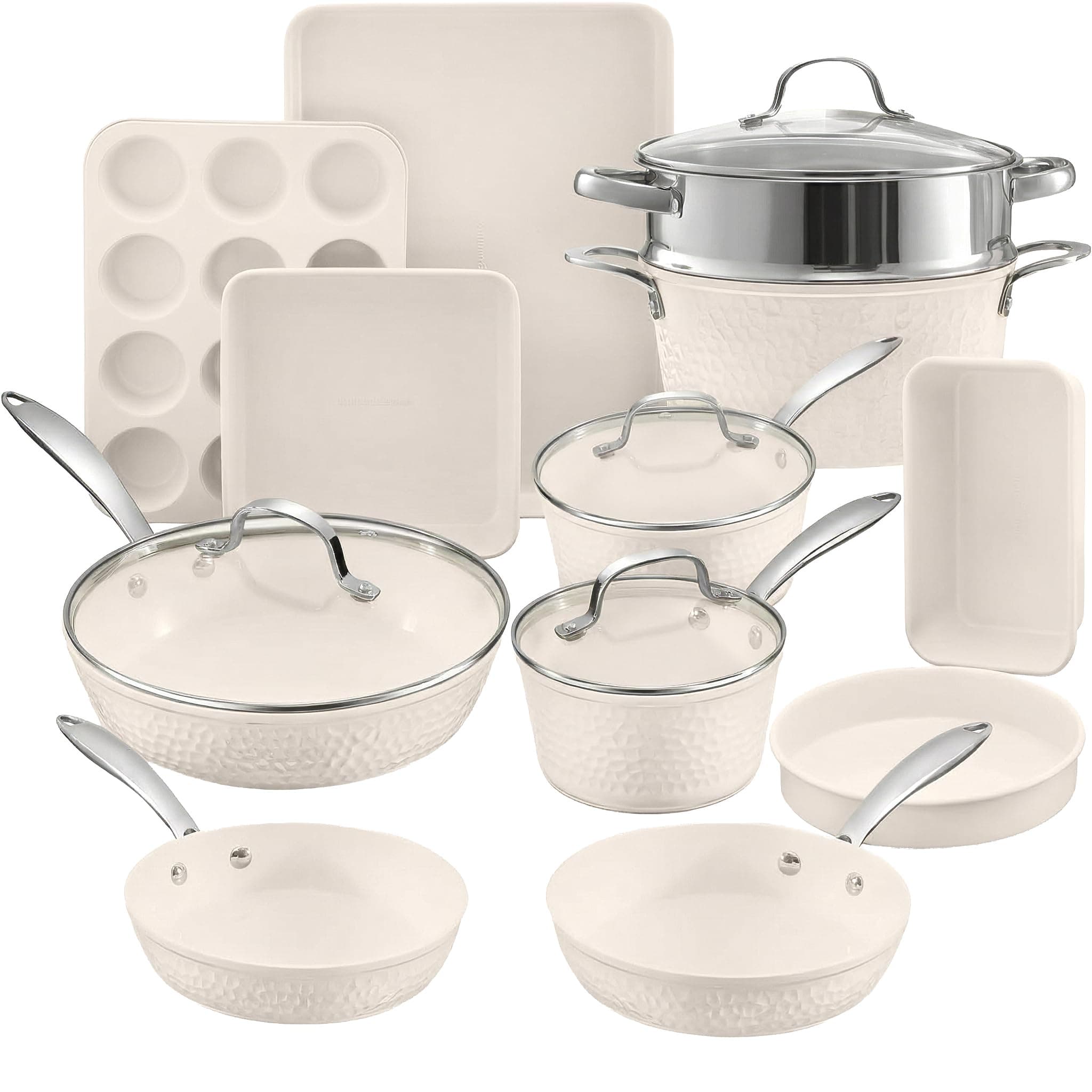 Hammered 15Pcs Ceramic Cookware Set Nonstick, Induction Pots and Pans Set Non Stick with Bakeware Set & Steamer for Cooking, Non Toxic PFOA PFOS Free, Oven & Dishwasher Safe, Cream White