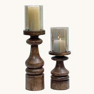 - Wooden Candle Holder Stand - Set of 2 Mango Wood Candle Stands for Home Decor with Glass, Dining Table Centerpiece, Round Pillar Candle Holder, Decorative Candle Stands for Home Decor