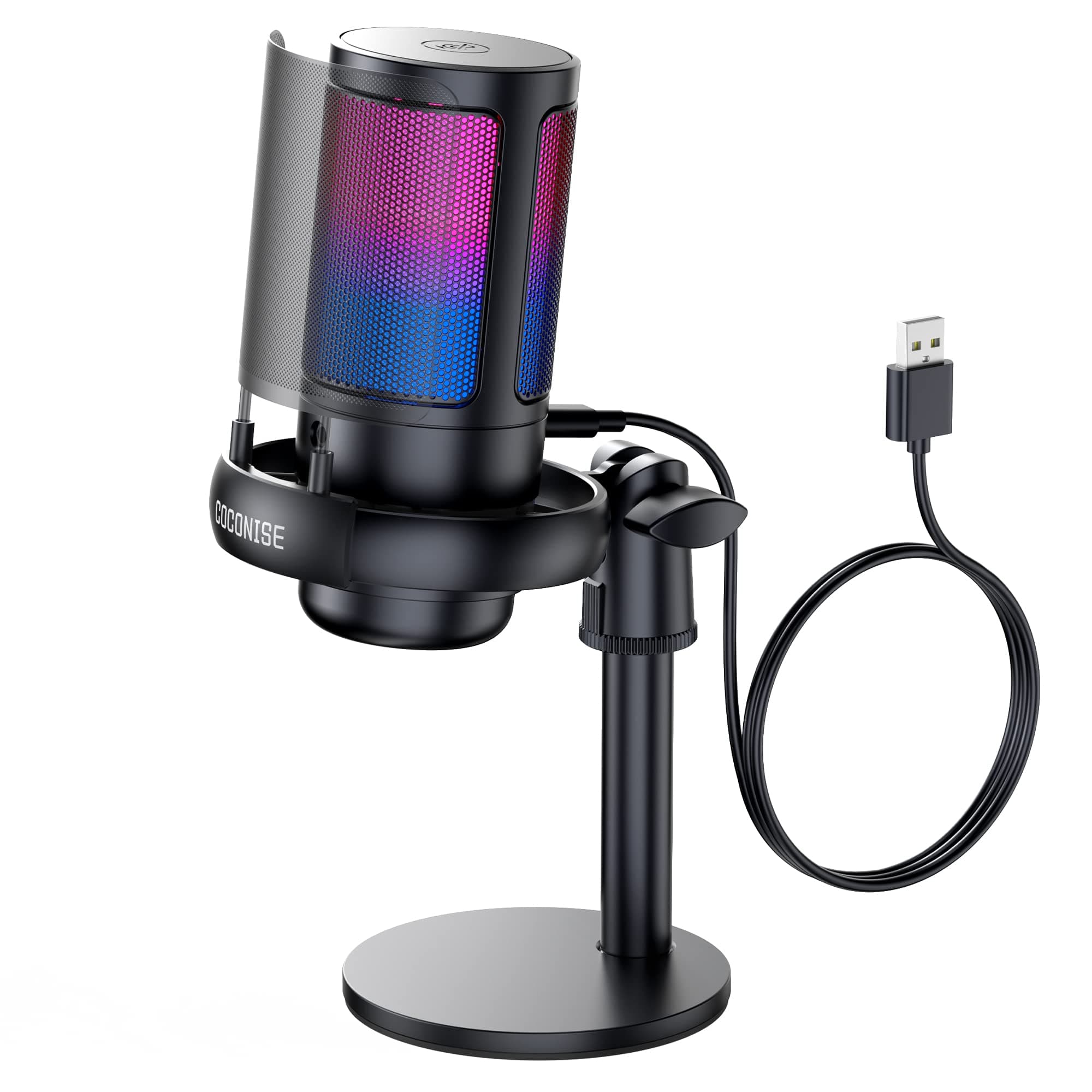 USB Condenser Microphone, RGB Gaming Microphone, One Button Mute Controls Volume, Metal Anti-Pop Filter, for Streaming, Gaming, Podcasts, Music Production