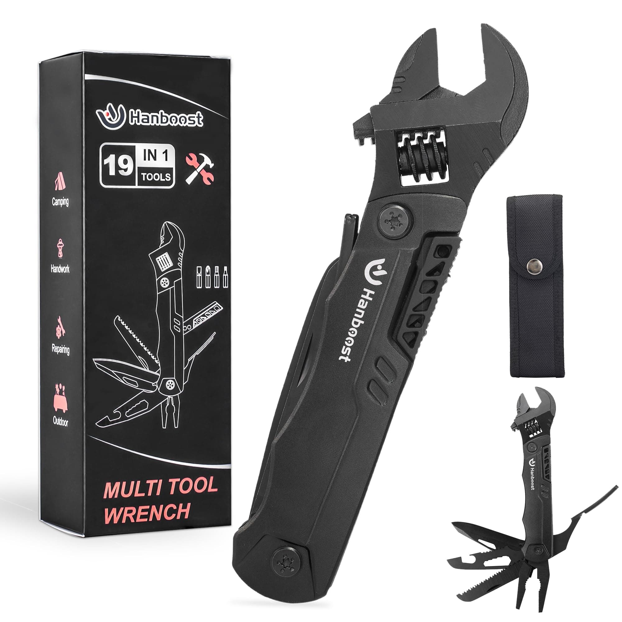 Multitool Wrench 19 In 1 Multipurpose Camping Gear Pocket Size Adjustable Wrench with Pliers, Wire Cutter, Cutting Saw, Bottle Opener for Maintenance, Camping and DIY,Gift for Him