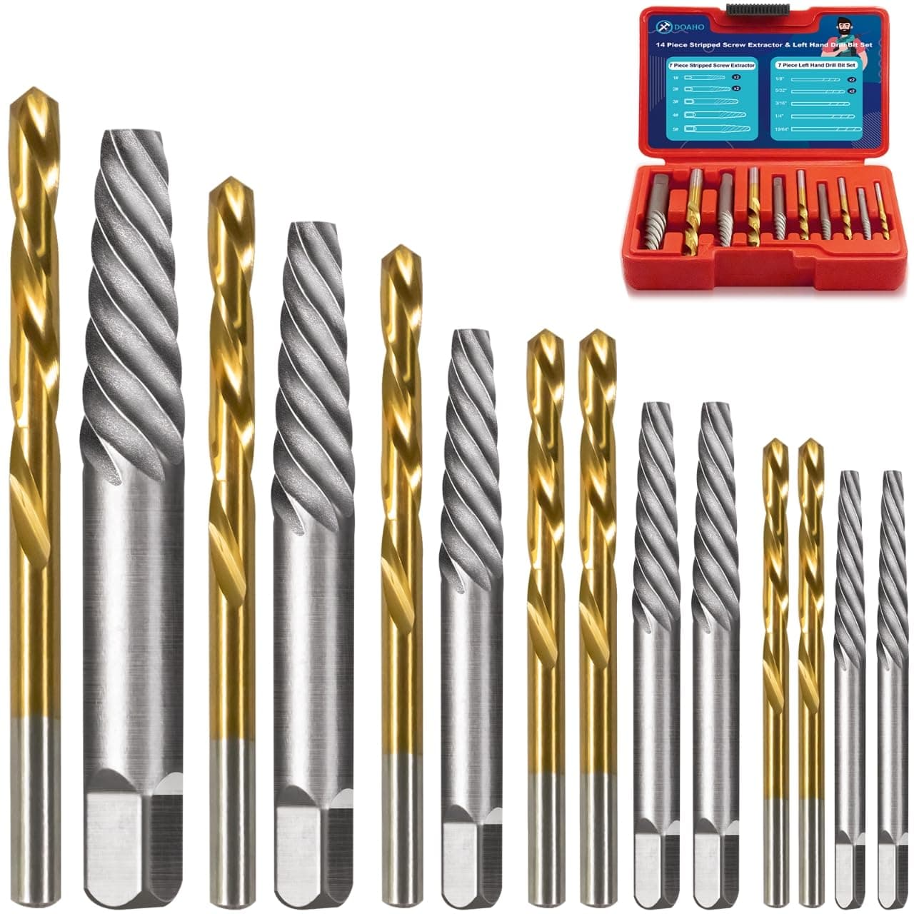14 Pieces Screw Extractor Set, 7 PCS 35# Cr-Mo Spiral Screw Extractor Set and 7 PCS HSS Steel Left Hand Drill Bit Set Easy Out Screw Extractor for Remove Stripped Screws Damaged Broken Bolts