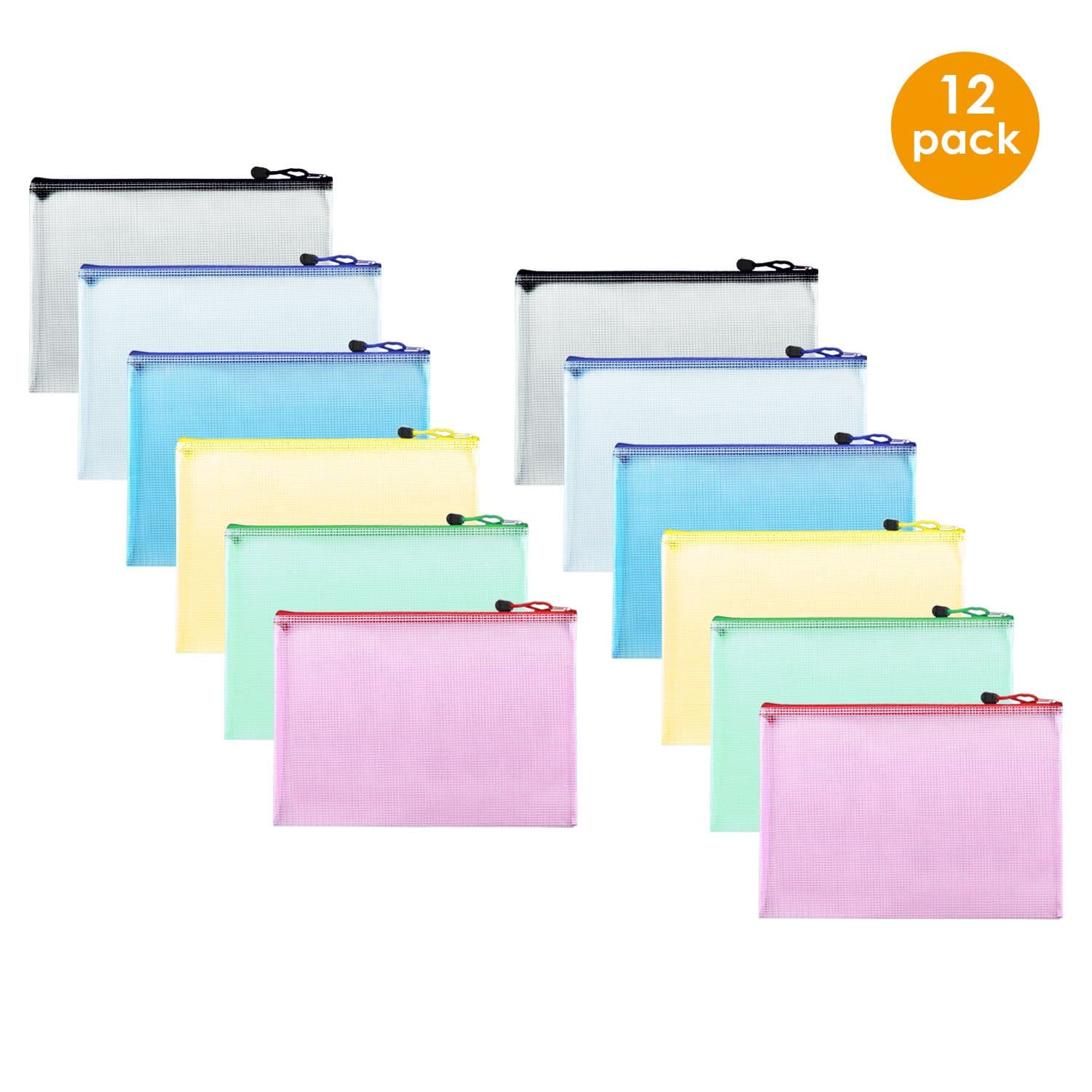 Esnow 12 Pieces A4 Size Mesh Document Bag Waterproof Plastic Zip File Bag with Zipper for Cosmetics Offices Supplies, 6 Colors