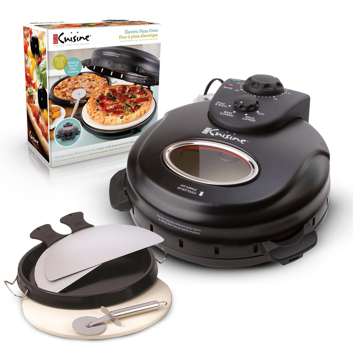 PM600 Rotating Pizza Maker with 12 Inch Non-stick Ceramic Stone & Baking Pan, Indoor Countertop Electric Pizza Oven, Automatic Timer, View window, Ideal for frozen or take-n-bake pizzas
