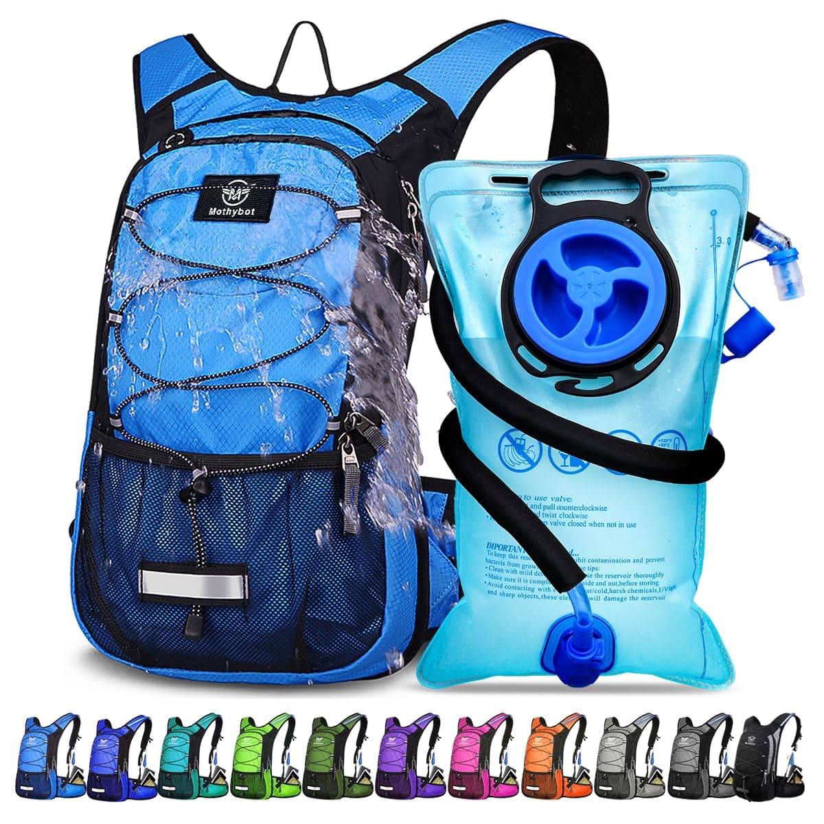 Insulated Hydration Backpack Pack with 3L BPA Free Leak Proof Water Bladder, Large Storage Lightweight Hiking Daypack with Waist Pouches & Cooler Layer, for Running, Biking, Camping, Festival